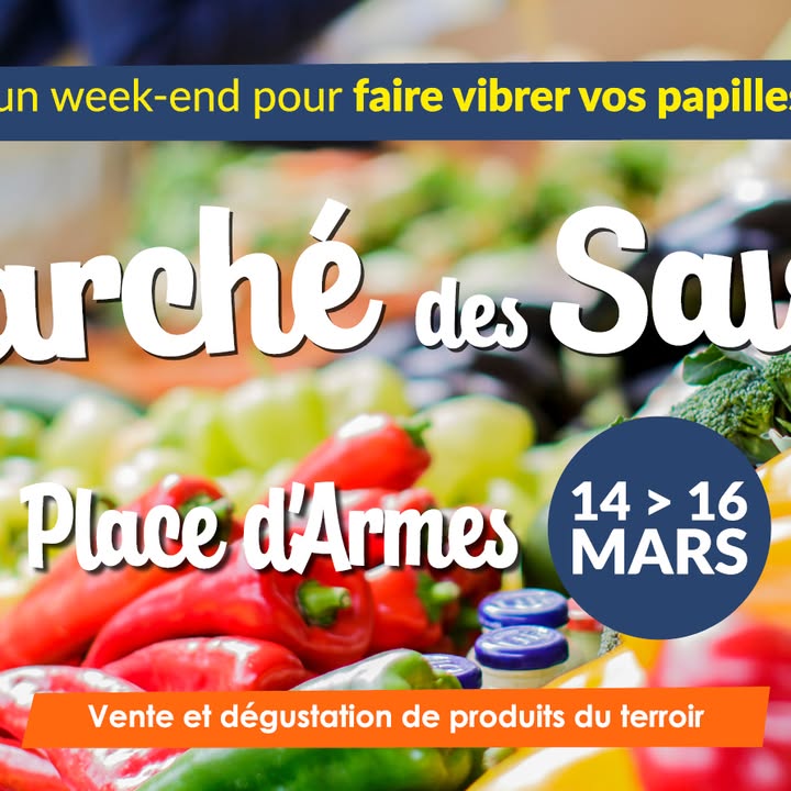 [😋 RDV 😋] Le Marché des Saveurs est de retour ! 🎉
👉 Rendez-vous les vendredi 14, samedi 15 et dimanche 16 mars sur la place d’Armes pour un week-end de découvertes gustatives ! 😋

🍴 Venez savourer en famille et entre amis les meilleures spécialités culinaires de nos régions, réunies en un seul et même endroit. Un événement à ne pas manquer pour les amoureux de la bonne cuisine ! 🤩

ℹ️ Toutes les infos sur l’événement ici 👉 https://fb.me/e/5qw4gVMEo