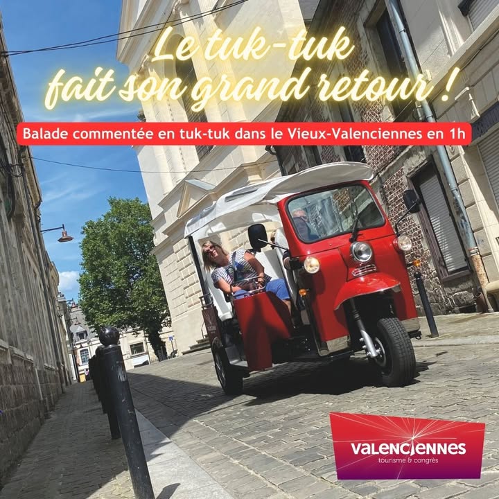 [INFO] Valenciennes Tourisme & Congrès vous invite à embarquer pour une expérience unique et insolite : 𝒖𝒏𝒆 𝒃𝒂𝒍𝒂𝒅𝒆 𝒄𝒐𝒎𝒎𝒆𝒏𝒕𝒆́𝒆 𝒂̀ 𝒕𝒓𝒂𝒗𝒆𝒓𝒔 𝒍𝒆 𝑽𝒊𝒆𝒖𝒙-𝑽𝒂𝒍𝒆𝒏𝒄𝒊𝒆𝒏𝒏𝒆𝒔, 𝒂̀ 𝒃𝒐𝒓𝒅 𝒅𝒆 𝒍𝒆𝒖𝒓 « 𝒕𝒖𝒌-𝒕𝒖𝒌 » ! Que vous soyez en couple, entre amis ou en famille, cette sortie est l’occasion rêvée de (re)découvrir Valenciennes sous un angle différent.

𝗔𝘂 𝗽𝗿𝗼𝗴𝗿𝗮𝗺𝗺𝗲 :
👉 1 heure de découverte, de rires et de bonne humeur, avec un guide passionné qui vous dévoilera les secrets du patrimoine local.
🌬️ Cheveux au vent, vivez un moment inoubliable dans une ambiance conviviale et décontractée !

𝗗𝗲́𝘁𝗮𝗶𝗹𝘀 𝗱𝗲 𝗹’𝗲́𝘃𝗲́𝗻𝗲𝗺𝗲𝗻𝘁 : 
📅 Dates : du 8 au 19 avril
🕒 𝗛𝗼𝗿𝗮𝗶𝗿𝗲𝘀 :
Mardi, jeudi & vendredi : 14h30 et 16h
Mercredi & samedi : 11h, 14h30 et 16h
💶 𝗧𝗮𝗿𝗶𝗳𝘀 :
Plein tarif : 12€
Tarif réduit : 10€
🎟 𝗥𝗲́𝘀𝗲𝗿𝘃𝗲𝘇 𝗱𝗲̀𝘀 𝗺𝗮𝗶𝗻𝘁𝗲𝗻𝗮𝗻𝘁 👉 https://www.tourismevalenciennes.fr/billetterie-et-reservations

📍 𝗣𝗼𝗶𝗻𝘁 𝗱𝗲 𝗱𝗲́𝗽𝗮𝗿𝘁 : Office de Tourisme – Mont de Piété (12 place Verte)
⚠️ 𝐶𝑜𝑛𝑠𝑒𝑖𝑙 : 𝑅𝑒́𝑠𝑒𝑟𝑣𝑎𝑡𝑖𝑜𝑛 𝑒𝑛 𝑙𝑖𝑔𝑛𝑒 𝑓𝑜𝑟𝑡𝑒𝑚𝑒𝑛𝑡 𝑐𝑜𝑛𝑠𝑒𝑖𝑙𝑙𝑒́𝑒.
𝑃𝑜𝑠𝑠𝑖𝑏𝑖𝑙𝑖𝑡𝑒́ 𝑑𝑒 𝑟𝑒́𝑠𝑒𝑟𝑣𝑒𝑟 𝑠𝑢𝑟 𝑝𝑙𝑎𝑐𝑒 𝑠𝑒𝑙𝑜𝑛 𝑙𝑒𝑠 𝑝𝑙𝑎𝑐𝑒𝑠 𝑑𝑖𝑠𝑝𝑜𝑛𝑖𝑏𝑙𝑒𝑠 (𝑙𝑖𝑚𝑖𝑡𝑒́ 𝑎̀ 4 𝑝𝑙𝑎𝑐𝑒𝑠 𝑝𝑎𝑟 𝑑𝑒́𝑝𝑎𝑟𝑡).

𝙉’𝙖𝙩𝙩𝙚𝙣𝙙𝙚𝙯 𝙥𝙡𝙪𝙨 𝙥𝙤𝙪𝙧 𝙫𝙞𝙫𝙧𝙚 𝙘𝙚𝙩𝙩𝙚 𝙖𝙫𝙚𝙣𝙩𝙪𝙧𝙚 𝙞𝙣𝙨𝙤𝙡𝙞𝙩𝙚 𝙖̀ 𝙑𝙖𝙡𝙚𝙣𝙘𝙞𝙚𝙣𝙣𝙚𝙨 ! 😎