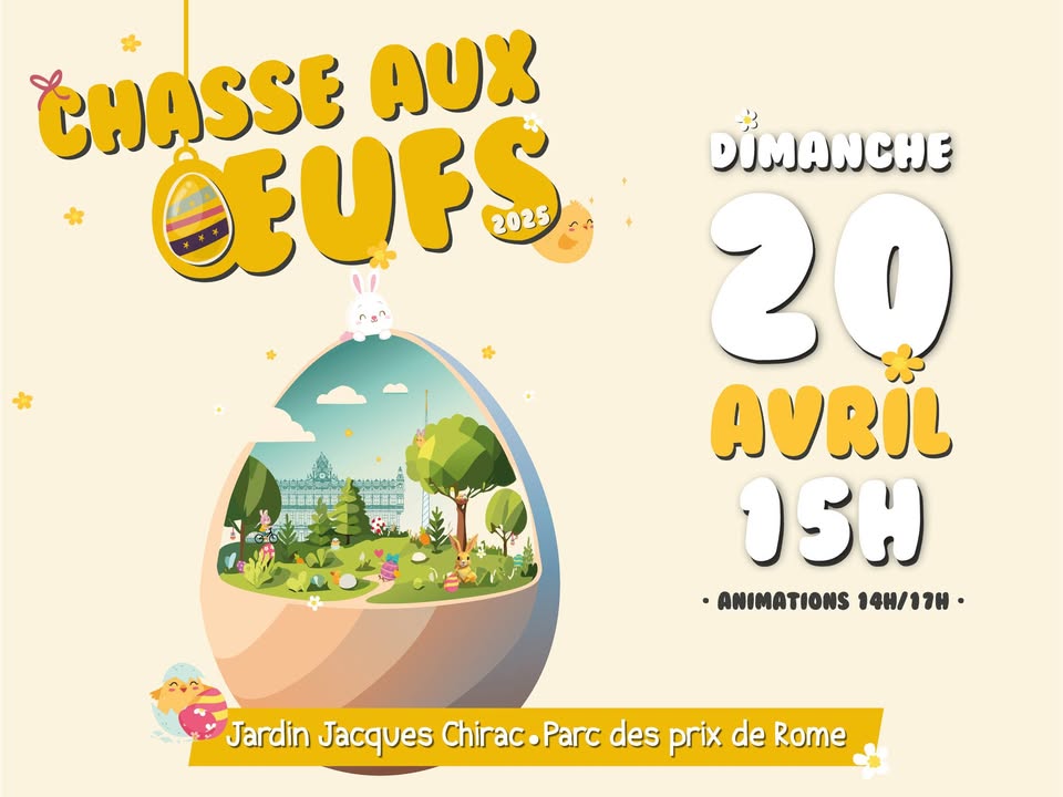 [🐣🐣🐣] N’oubliez pas d’inscrire vos enfants pour participer à la 𝗰𝗵𝗮𝘀𝘀𝗲 𝗮𝘂𝘅 𝗼𝗲𝘂𝗳𝘀 qui se déroulera le 𝗱𝗶𝗺𝗮𝗻𝗰𝗵𝗲 𝟮𝟬 𝗮𝘃𝗿𝗶𝗹 au jardin Jacques Chirac, parc des Prix de Rome. 
C’est le rendez-vous pour passer une journée pleine de surprises et de gourmandises ! 
🐣🥚

ℹ 𝑷𝙤𝒖𝙧 𝙥𝒂𝙧𝒕𝙞𝒄𝙞𝒑𝙚𝒓 𝒂𝙪𝒙 𝒅𝙞𝒇𝙛𝒆́𝙧𝒆𝙣𝒕𝙚𝒔 𝒄𝙝𝒂𝙨𝒔𝙚𝒔 𝒂𝙪𝒙 œ𝙪𝒇𝙨, 𝒓𝙞𝒆𝙣 𝙙𝒆 𝒑𝙡𝒖𝙨 𝙨𝒊𝙢𝒑𝙡𝒆. 𝙄𝒍 𝒗𝙤𝒖𝙨 𝙨𝒖𝙛𝒇𝙞𝒕 𝒅𝙚 𝙧𝒆𝙢𝒑𝙡𝒊𝙧 𝙡𝒆 𝒃𝙪𝒍𝙡𝒆𝙩𝒊𝙣 𝙙’𝙞𝒏𝙨𝒄𝙧𝒊𝙥𝒕𝙞𝒐𝙣 👉 https://www.valenciennes.fr/inscription_paques/
👉Lien de l’événement : https://fb.me/e/5i0GAp56T