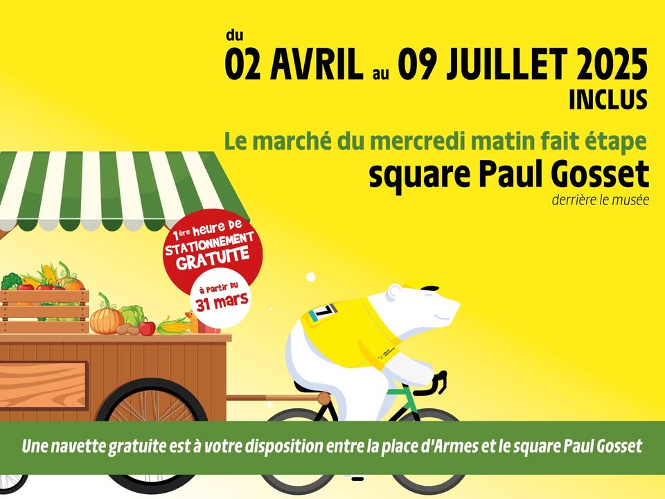 [📢 RAPPEL] 𝗗𝗲𝗺𝗮𝗶𝗻 𝗹𝗲𝘀 𝗰𝗼𝗺𝗺𝗲𝗿𝗰̧𝗮𝗻𝘁𝘀 𝗱𝗲 𝘃𝗼𝘁𝗿𝗲 𝗺𝗮𝗿𝗰𝗵𝗲́ 𝘃𝗼𝘂𝘀 𝗮𝘁𝘁𝗲𝗻𝗱𝗲𝗻𝘁 𝘀𝗾𝘂𝗮𝗿𝗲 𝗣𝗮𝘂𝗹 𝗚𝗼𝘀𝘀𝗲𝘁 !
🔄 𝗧𝗿𝗮𝗻𝘀𝗽𝗼𝗿𝘁 𝗳𝗮𝗰𝗶𝗹𝗶𝘁𝗲́ : Une navette gratuite sera disponible pour vous emmener entre la place d’Armes et le square Paul Gosset.
📅 𝗔̀ 𝗿𝗲𝘁𝗲𝗻𝗶𝗿 : Tous les mercredis jusqu’au 9 juillet 2025.