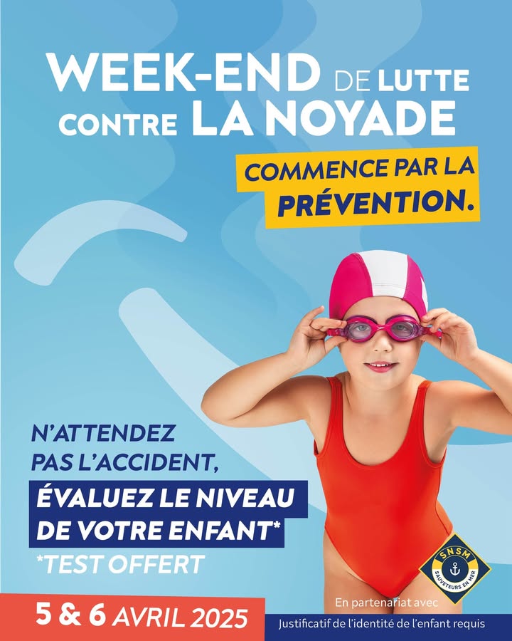 [💦RDV 🏊‍♂️] 𝗪𝗲𝗲𝗸-𝗘𝗻𝗱 𝗦𝗽𝗲́𝗰𝗶𝗮𝗹 𝗟𝘂𝘁𝘁𝗲 𝗖𝗼𝗻𝘁𝗿𝗲 𝗹𝗮 𝗡𝗼𝘆𝗮𝗱𝗲 𝗔𝗿𝗿𝗶𝘃𝗲 !
📅 Les 5 & 6 avril, ne manquez pas ce RDV essentiel dans votre Centre aquatique Nungesser  !

💦 𝗣𝗿𝗲́𝗽𝗮𝗿𝗲𝘇 𝘃𝗼𝘁𝗿𝗲 𝗲𝗻𝗳𝗮𝗻𝘁 𝗮̀ 𝘀𝗲 𝘀𝗲𝗻𝘁𝗶𝗿 𝗲𝗻 𝘀𝗲́𝗰𝘂𝗿𝗶𝘁𝗲́ 𝗱𝗮𝗻𝘀 𝗹’𝗲𝗮𝘂 !
Pendant ces 2 jours, le niveau de votre enfant peut être évalué, afin qu’il soit bien préparé face aux risques de la noyade et qu’il puisse profiter pleinement de la nage en toute confiance.

💦 𝗟𝗲 𝘁𝗲𝘀𝘁 𝗲𝘀𝘁 𝗢𝗙𝗙𝗘𝗥𝗧 𝗰𝗲 𝘄𝗲𝗲𝗸-𝗲𝗻𝗱 !
Réalisez ce test, reconnu à l’échelle mondiale, avec l’aide de la SNSM (Société Nationale de Sauvetage en Mer) et assurez-vous que votre enfant maîtrise les bases de la sécurité en milieu aquatique.

💦 𝗦𝗲𝗻𝘀𝗶𝗯𝗶𝗹𝗶𝘀𝗮𝘁𝗶𝗼𝗻 𝗮̀ 𝗹𝗮 𝗦𝗲́𝗰𝘂𝗿𝗶𝘁𝗲́ 𝗔𝗾𝘂𝗮𝘁𝗶𝗾𝘂𝗲
Un stand d’information sera mis à votre disposition.

ℹ + d’infos 👉 Contactez directement l’accueil du centre aquatique !
