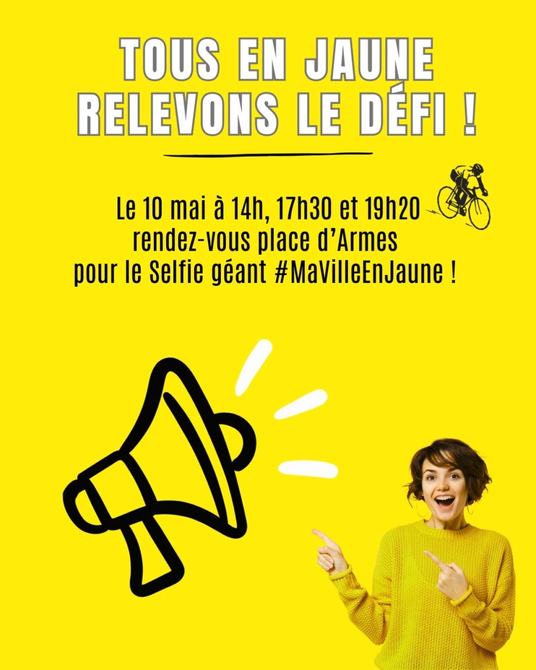 🌟 Valenciennes en jaune, c’est parti ! 🌟
📅Rendez-vous le 10 mai à 14h, 17h30 et 19h20
📍 Place d’Armes pour un Selfie géant #MaVilleEnJaune 📸

💛 Habillez-vous en jaune et illuminez la place avec vos sourires. Ensemble, montrons que Valenciennes peut remporter le défi du Tour de France Ma Ville En
Jaune ! 🚴‍♂️✨

🎥 Ne manquez pas le VidéoMapping sur la façade de l’Hôtel de Ville à partir de 22h !

Plus nous sommes nombreux, plus nous brillons !

#TourDeFrance #Valenciennes #CyclismeLégendaire
#valenciennesTDF2025 #maillotjaune
#TourDeFrance2025 #PassionCyclisme
#valenciennesmetropole
#valenciennestourismeetcongres #tdf2025
#mavilleenjaune