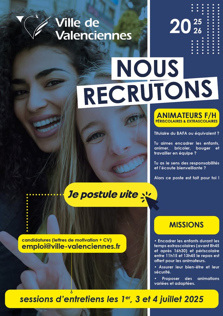 [🦹‍♂️ ANIMATEURS 2025/2026 🦸‍♀️] 𝑻𝒖 𝒆𝒔 𝒕𝒊𝒕𝒖𝒍𝒂𝒊𝒓𝒆 𝒅𝒖 𝑩𝑨𝑭𝑨 𝒐𝒖 𝒅’𝒖𝒏 𝒆́𝒒𝒖𝒊𝒗𝒂𝒍𝒆𝒏𝒕 ? 𝑷𝒂𝒔𝒔𝒊𝒐𝒏𝒏𝒆́(𝒆) 𝒑𝒂𝒓 𝒍’𝒂𝒏𝒊𝒎𝒂𝒕𝒊𝒐𝒏 𝒆𝒕 𝒍’𝒆𝒏𝒗𝒊𝒆 𝒅𝒆 𝒄𝒓𝒆́𝒆𝒓 𝒅𝒆𝒔 𝒎𝒐𝒎𝒆𝒏𝒕𝒔 𝒊𝒏𝒐𝒖𝒃𝒍𝒊𝒂𝒃𝒍𝒆𝒔 𝒑𝒐𝒖𝒓 𝒍𝒆𝒔 𝒋𝒆𝒖𝒏𝒆𝒔 ?

👉 C’est le moment de rejoindre une équipe dynamique et engagée ! Une opportunité unique pour développer tes compétences, partager ta créativité et vivre une aventure humaine enrichissante.

👉 Candidature ouvertes dès maintenant ! Fais passer le message et viens partager ton énergie avec nous ! https://www.valenciennes.fr/vie-municipale/vos-services-municipaux/la-mairie-recrute/