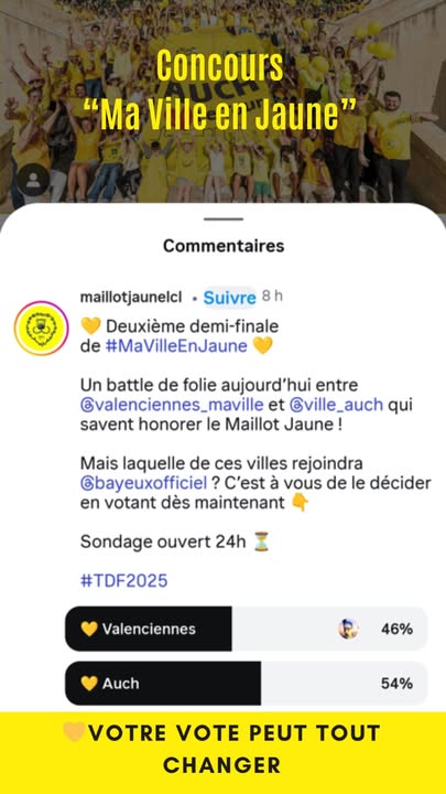[#MaVilleEnJaune]🔥𝐏𝐨𝐢𝐧𝐭 𝐝’𝐞́𝐭𝐚𝐩𝐞 : 𝐋’𝐞́𝐜𝐚𝐫𝐭 𝐬𝐞 𝐜𝐫𝐞𝐮𝐬𝐞 𝐀𝐮𝐜𝐡 𝐩𝐫𝐞𝐧𝐝 𝐥𝐚 𝐭𝐞̂𝐭𝐞 𝐝𝐚𝐧𝐬 𝐥𝐞 𝐜𝐨𝐧𝐜𝐨𝐮𝐫𝐬 #𝐌𝐚𝐕𝐢𝐥𝐥𝐞𝐄𝐧𝐉𝐚𝐮𝐧𝐞 

On ne lâche rien 💪

👉 Si ce n’est pas encore fait, foncez voter pour VALENCIENNES sur le compte Instagram @maillotjaunelcl !

➡️ Pour voter : https://bit.ly/4kaUHKn

On compte sur vous, votre vote peut tout changer ! 🚴💛