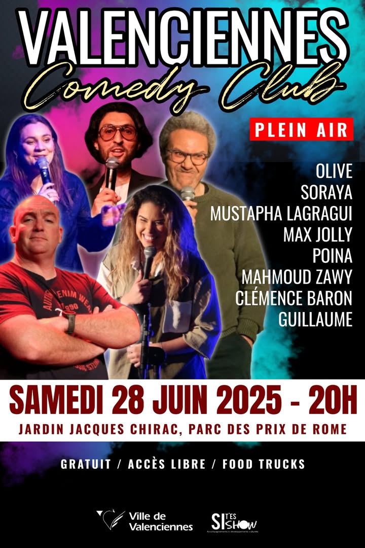 [RDV🎤] 𝗘𝗻𝘃𝗶𝗲 𝗱𝗲 𝗿𝗶𝗿𝗲 ? 𝗥𝗗𝗩 𝗰𝗲 𝘀𝗮𝗺𝗲𝗱𝗶 𝗮̀ 𝟮𝟬𝗵 !
Le Valenciennes Comedy Club revient au Jardin Jacques Chirac pour une soirée stand-up en plein air 🌳😄

𝗔𝘂 𝗽𝗿𝗼𝗴𝗿𝗮𝗺𝗺𝗲 : 🔥 Humour, vibes estivales et punchlines garanties !

🎙️ Entrée libre – Ambiance assurée
📍 Samedi 28 juin | 20h | Valenciennes

👉 𝑽𝒊𝒆𝒏𝒔, 𝒓𝒊𝒔, 𝒑𝒂𝒓𝒕𝒂𝒈𝒆 !
#ValenciennesComedyClub  #SoiréeRires  #standupvalenciennes 

ℹ 𝗟𝗶𝗲𝗻 𝗱𝗲 𝗹’𝗲́𝘃𝗲́𝗻𝗲𝗺𝗲𝗻𝘁 : https://fb.me/e/39GkyIJVQ