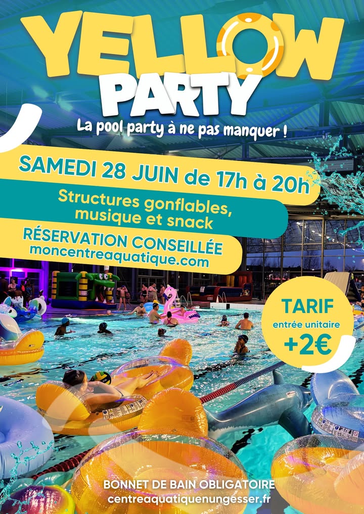 [🌞 RDV 🌊] 𝗬𝗲𝗹𝗹𝗼𝘄 𝗣𝗮𝗿𝘁𝘆 𝗮𝘂 𝗰𝗲𝗻𝘁𝗿𝗲 𝗮𝗾𝘂𝗮𝘁𝗶𝗾𝘂𝗲 𝗡𝘂𝗻𝗴𝗲𝘀𝘀𝗲𝗿 ! 
📅 Samedi 28 juin de 17h à 20h, enfilez votre plus beau maillot de bain et plongez dans une soirée 100% fun !

𝗔𝘂 𝗽𝗿𝗼𝗴𝗿𝗮𝗺𝗺𝗲 :
🎈 Structures gonflables
🎶 Ambiance musicale
🍔 Espace snack by L’Atelier de Nungesser
🛟 Bouées géantes
… et plein de bonne humeur entre amis ou en famille !

🎟️ Tarif : entrée unitaire + 2€
📲 Réservation en ligne conseillée sur moncentreaquatique.com
⚠️ Bonnet de bain obligatoire

𝘼𝙡𝙤𝙧𝙨, 𝙥𝙧𝙚̂𝙩𝙨 𝙖̀ 𝙛𝙖𝙞𝙧𝙚 𝙡𝙖 𝙛𝙚̂𝙩𝙚 𝙙𝙖𝙣𝙨 𝙡𝙚𝙨 𝙗𝙖𝙨𝙨𝙞𝙣𝙨 𝙙𝙚 𝙫𝙤𝙩𝙧𝙚  Centre aquatique Nungesser  ? 💦🥳