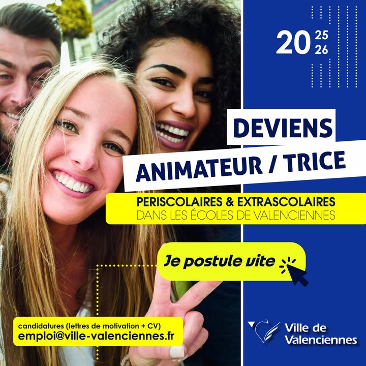 [🦹‍♂️ ANIMATEURS 2025/2026 🦸‍♀️] 𝑻𝒖 𝒆𝒔 𝒕𝒊𝒕𝒖𝒍𝒂𝒊𝒓𝒆 𝒅𝒖 𝑩𝑨𝑭𝑨 𝒐𝒖 𝒅’𝒖𝒏 𝒆́𝒒𝒖𝒊𝒗𝒂𝒍𝒆𝒏𝒕 ? 𝑷𝒂𝒔𝒔𝒊𝒐𝒏𝒏𝒆́(𝒆) 𝒑𝒂𝒓 𝒍’𝒂𝒏𝒊𝒎𝒂𝒕𝒊𝒐𝒏 𝒆𝒕 𝒍’𝒆𝒏𝒗𝒊𝒆 𝒅𝒆 𝒄𝒓𝒆́𝒆𝒓 𝒅𝒆𝒔 𝒎𝒐𝒎𝒆𝒏𝒕𝒔 𝒊𝒏𝒐𝒖𝒃𝒍𝒊𝒂𝒃𝒍𝒆𝒔 𝒑𝒐𝒖𝒓 𝒍𝒆𝒔 𝒋𝒆𝒖𝒏𝒆𝒔 ?
👉 C’est le moment de rejoindre une équipe dynamique et engagée ! Une opportunité unique pour développer tes compétences, partager ta créativité et vivre une aventure humaine enrichissante.
👉 𝗖𝗮𝗻𝗱𝗶𝗱𝗮𝘁𝘂𝗿𝗲 𝗼𝘂𝘃𝗲𝗿𝘁𝗲𝘀 : https://www.valenciennes.fr/vie-municipale/vos-services-municipaux/la-mairie-recrute/ 
𝑭𝒂𝒊𝒔 𝒑𝒂𝒔𝒔𝒆𝒓 𝒍𝒆 𝒎𝒆𝒔𝒔𝒂𝒈𝒆 𝒆𝒕 𝒗𝒊𝒆𝒏𝒔 𝒑𝒂𝒓𝒕𝒂𝒈𝒆𝒓 𝒕𝒐𝒏 𝒆́𝒏𝒆𝒓𝒈𝒊𝒆 !