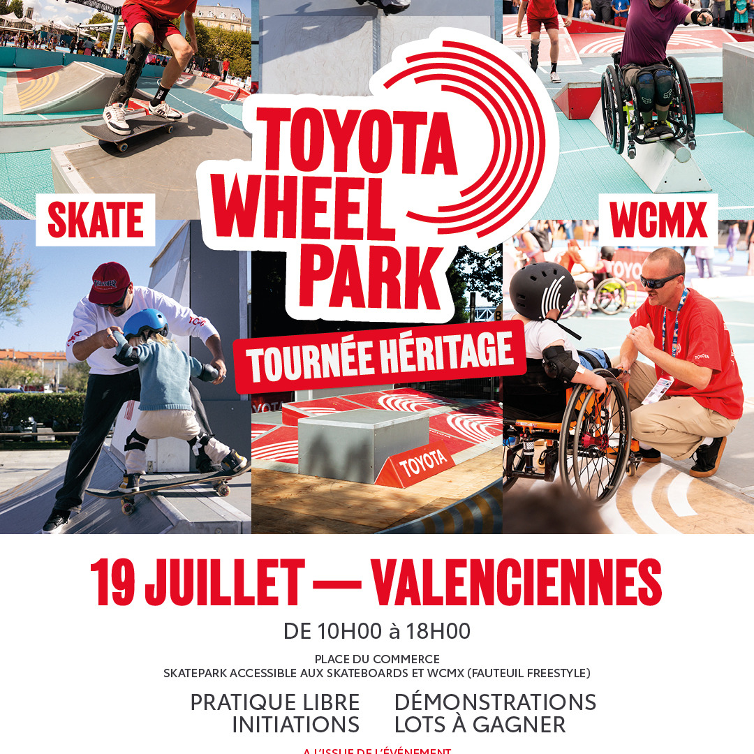 🎉 𝐋𝐞 𝐓𝐨𝐲𝐨𝐭𝐚 𝐖𝐡𝐞𝐞𝐥 𝐏𝐚𝐫𝐤 𝐫𝐞𝐯𝐢𝐞𝐧𝐭 𝐚̀ 𝐕𝐚𝐥𝐞𝐧𝐜𝐢𝐞𝐧𝐧𝐞𝐬 𝐥𝐞 𝟏𝟗 𝐣𝐮𝐢𝐥𝐥𝐞𝐭 𝟐𝟎𝟐𝟓 ! 🛹

Après un lancement remarqué et une première tournée à succès, le Toyota Wheel Park revient avec sa Tournée Héritage. Un skatepark mobile, hybride et éco-conçu, 100 % gratuit et ouvert à toutes et tous, valides ou en situation de handicap.

Au programme : sensations fortes, fun, inclusion et une vision engagée de la glisse !

👉 Initiations (30 min, matin ou après-midi)
👉 Pratique libre pour rider à ton rythme
👉 Best Trick Contest pour les rideurs confirmés 🔥

📍 Place du Commerce, Valenciennes
📅 Samedi 19 juillet | 10h à 18h

📝 INSCRIS-TOI GRATUITEMENT à la session de ton choix ici 👇 
https://www.toyota.fr/decouvrez-toyota/start-your-impossible/partenaire-paris-2024/wheelpark#inscription

#toyotawheelpark #skateinclusif #mobilitépourtous #valenciennes #valenciennesmaville #skatelife #inclusionparlesport