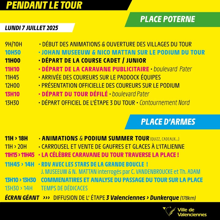 [🚴‍♂️🇫🇷  𝐋𝐞 𝐓𝐨𝐮𝐫 𝐝𝐞 𝐅𝐫𝐚𝐧𝐜𝐞 𝐚̀ 𝐕𝐚𝐥𝐞𝐧𝐜𝐢𝐞𝐧𝐧𝐞𝐬 𝐥𝐞 𝟕 𝐣𝐮𝐢𝐥𝐥𝐞𝐭 ! 🚴‍♂️🇫🇷]
Après vous avoir dévoilé les animations d’avant-étape, voici tout ce qui vous attend le JOUR J ! 🔥

🎉 𝗔𝘂 𝗽𝗿𝗼𝗴𝗿𝗮𝗺𝗺𝗲 :
✅ Ouverture des villages du Tour
🚗 Départ de la caravane publicitaire
🚴‍♂️ Arrivée des coureurs sur le paddock équipes
🎤 Présentation officielle des coureurs
🎁 Podium Summer Tour
👨‍👩‍👧‍👦 Animations familiales et festives !

📍 Rendez-vous le lundi 7 juillet
📌 Place d’Armes et place Poterne
🕘 À partir de 9h – ne manquez rien de cette journée historique !

📣 𝑽𝒆𝒏𝒆𝒛 𝒗𝒊𝒃𝒓𝒆𝒓 𝒂𝒗𝒆𝒄 𝒏𝒐𝒖𝒔 𝒂𝒖 𝒓𝒚𝒕𝒉𝒎𝒆 𝒅𝒖 𝒑𝒆𝒍𝒐𝒕𝒐𝒏 𝒆𝒕 𝒗𝒊𝒗𝒓𝒆 𝒍’𝒂𝒎𝒃𝒊𝒂𝒏𝒄𝒆 𝒖𝒏𝒊𝒒𝒖𝒆 𝒅𝒖 𝑻𝒐𝒖𝒓 𝒅𝒆 𝑭𝒓𝒂𝒏𝒄𝒆 💛

ℹ + 𝗱’𝗶𝗻𝗳𝗼𝘀 :
𝗟𝗶𝗲𝗻 𝗱𝗲 𝗹’𝗲́𝘃𝗲́𝗻𝗲𝗺𝗲𝗻𝘁 : https://fb.me/e/2IG3Xcfal
𝗣𝗮𝗴𝗲 𝗱𝗲́𝗱𝗶𝗲́𝗲 : https://www.valenciennes.fr/decouvrir-la-ville/ses-loisirs-sportifs/tour-de-france/

#TourDeFrance2025 #Valenciennes #FêteDuCyclisme #CaravaneTourDeFrance #Événement #Cyclisme #SummerTour