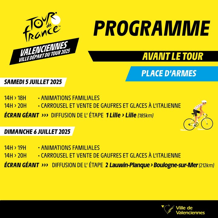 🚴‍♂️ 𝐋𝐞 𝐓𝐨𝐮𝐫 𝐝𝐞 𝐅𝐫𝐚𝐧𝐜𝐞 𝐚𝐫𝐫𝐢𝐯𝐞 𝐚̀ 𝐕𝐚𝐥𝐞𝐧𝐜𝐢𝐞𝐧𝐧𝐞𝐬 𝐥𝐞 𝟕 𝐣𝐮𝐢𝐥𝐥𝐞𝐭 ! 🇫🇷
𝑉𝑜𝑢𝑠 𝑙𝑒 𝑠𝑎𝑣𝑒𝑧 𝑚𝑎𝑖𝑛𝑡𝑒𝑛𝑎𝑛𝑡 : 𝑙𝑎 𝑣𝑖𝑙𝑙𝑒 𝑎𝑐𝑐𝑢𝑒𝑖𝑙𝑙𝑒 𝑢𝑛𝑒 𝑒́𝑡𝑎𝑝𝑒 𝑑𝑢 𝑚𝑦𝑡ℎ𝑖𝑞𝑢𝑒 𝑇𝑜𝑢𝑟 ! 🟡
𝑂𝑛 𝑣𝑜𝑢𝑠 𝑎 𝑑𝑒́𝑗𝑎̀ 𝑝𝑎𝑟𝑙𝑒́ 𝑑𝑒 𝑙𝑎 𝑐𝑖𝑟𝑐𝑢𝑙𝑎𝑡𝑖𝑜𝑛, 𝑑𝑢 𝑠𝑡𝑎𝑡𝑖𝑜𝑛𝑛𝑒𝑚𝑒𝑛𝑡, 𝑑𝑒𝑠 𝑝𝑎𝑟𝑘𝑖𝑛𝑔𝑠 𝑣𝑒́𝑙𝑜 𝑠𝑒́𝑐𝑢𝑟𝑖𝑠𝑒́𝑠 𝑒𝑡 𝑚𝑒̂𝑚𝑒 𝑑𝑒𝑠 𝑚𝑒𝑛𝑢𝑠 𝑠𝑝𝑒́𝑐𝑖𝑎𝑢𝑥 𝑑𝑎𝑛𝑠 𝑣𝑜𝑠 𝑟𝑒𝑠𝑡𝑎𝑢𝑟𝑎𝑛𝑡𝑠 𝑝𝑟𝑒́𝑓𝑒́𝑟𝑒́𝑠… 🍽️🚲🚧

👉 𝗔𝘂𝗷𝗼𝘂𝗿𝗱’𝗵𝘂𝗶, 𝘇𝗼𝗼𝗺 𝘀𝘂𝗿 𝗹𝗲𝘀 𝗮𝗻𝗶𝗺𝗮𝘁𝗶𝗼𝗻𝘀 𝗽𝗿𝗲́𝘃𝘂𝗲𝘀 𝗮𝘃𝗮𝗻𝘁 𝗹’𝗲́𝘁𝗮𝗽𝗲 !
De nombreuses activités festives, sportives et familiales vous attendent pour célébrer l’arrivée du Tour comme il se doit 🎉👇

ℹ 𝗣𝗿𝗼𝗴𝗿𝗮𝗺𝗺𝗲 𝗱𝗲𝘀 𝘀𝗮𝗺𝗲𝗱𝗶 𝟱 𝗲𝘁 𝗱𝗶𝗺𝗮𝗻𝗰𝗵𝗲 𝟲 𝗷𝘂𝗶𝗹𝗹𝗲𝘁, 𝗥𝗗𝗩 𝗽𝗹𝗮𝗰𝗲 𝗱’𝗔𝗿𝗺𝗲𝘀 👇

#valenciennes  #TourDeFrance2025  #animationstour  #FêteduTour  #cyclisme  #tourdefrance  #valenciennesmaville