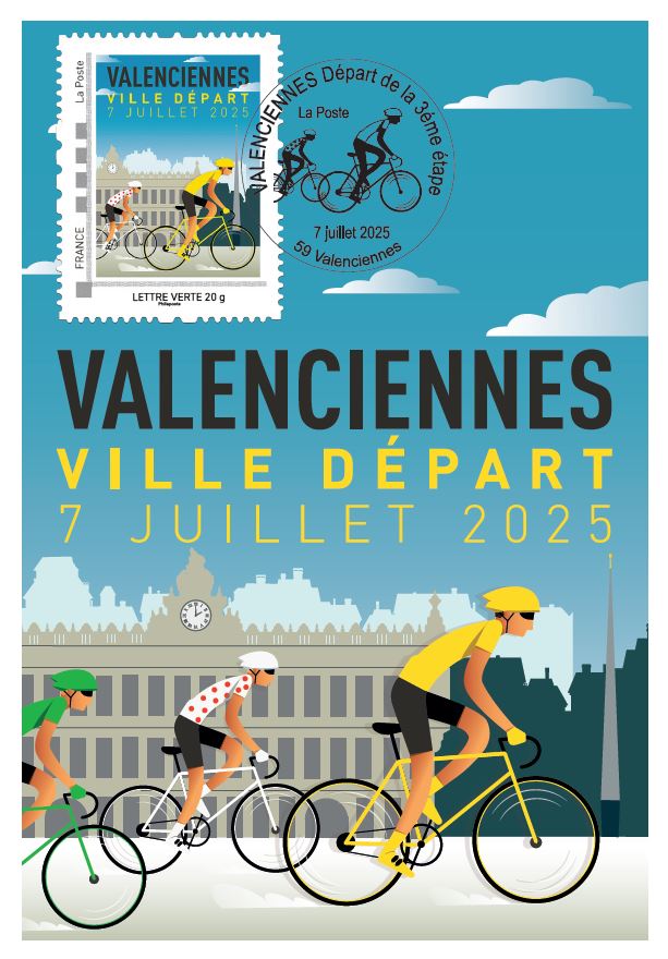 [INFO #TDF2025]  𝐄́𝐝𝐢𝐭𝐢𝐨𝐧 𝐥𝐢𝐦𝐢𝐭𝐞́𝐞 – 𝐂𝐨𝐥𝐥𝐞𝐜𝐭𝐢𝐨𝐧𝐧𝐞𝐮𝐫𝐬 𝐞𝐭 𝐩𝐚𝐬𝐬𝐢𝐨𝐧𝐧𝐞́𝐬, 𝐚̀ 𝐯𝐨𝐬 𝐚𝐠𝐞𝐧𝐝𝐚𝐬 !

Le Club Philatélique du Valenciennois a édité une série exclusive de 200 timbres à l’occasion du passage du Tour de France à Valenciennes 🎉
👉 Prix unitaire : 2,50 €, en vente sur le stand du Club le 7 juillet.

✨ 𝗘𝗻𝘃𝗶𝗲 𝗱’𝘂𝗻 𝘀𝗼𝘂𝘃𝗲𝗻𝗶𝗿 𝗲𝗻𝗰𝗼𝗿𝗲 𝗽𝗹𝘂𝘀 𝘂𝗻𝗶𝗾𝘂𝗲 ?
Optez pour la carte affranchie avec le timbre ET le cachet commémoratif, disponible au prix de 3,50 € (selon bulletin de réservation).

📬 𝗜𝗺𝗽𝗼𝗿𝘁𝗮𝗻𝘁 : 𝘂𝗻𝗲 𝗯𝗼𝗶̂𝘁𝗲 𝗮𝘂𝘅 𝗹𝗲𝘁𝘁𝗿𝗲𝘀 𝘀𝗽𝗲́𝗰𝗶𝗮𝗹𝗲 𝘀𝗲𝗿𝗮 𝗶𝗻𝘀𝘁𝗮𝗹𝗹𝗲́𝗲 𝘀𝘂𝗿 𝘀𝘁𝗮𝗻𝗱 𝗱𝘂 𝗰𝗹𝘂𝗯
💥 Le cachet commémoratif ne sera apposé que le 7 juillet — une seule journée pour cette oblitération exclusive !

📍 𝗥𝗗𝗩 𝗮𝘂 𝘃𝗶𝗹𝗹𝗮𝗴𝗲 𝗮𝗻𝗶𝗺𝗮𝘁𝗶𝗼𝗻
🕤 De 9h30 à 14h
📌 Zone herbeuse – Bibliothèque universitaire des Tertiales

➡️ 𝑵𝒆 𝒎𝒂𝒏𝒒𝒖𝒆𝒛 𝒑𝒂𝒔 𝒄𝒆𝒕𝒕𝒆 𝒐𝒑𝒑𝒐𝒓𝒕𝒖𝒏𝒊𝒕𝒆́ 𝒖𝒏𝒊𝒒𝒖𝒆 𝒅𝒆 𝒎𝒂𝒓𝒒𝒖𝒆𝒓 𝒍𝒂 𝒅𝒂𝒕𝒆 𝒂𝒗𝒆𝒄 𝒖𝒏𝒆 𝒑𝒊𝒆̀𝒄𝒆 𝒑𝒉𝒊𝒍𝒂𝒕𝒆́𝒍𝒊𝒒𝒖𝒆 𝒓𝒂𝒓𝒆 !