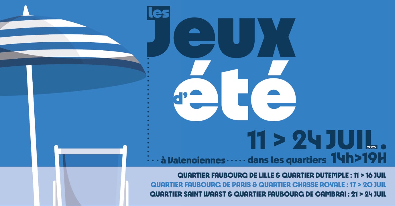 [🤩VOTRE RDV DE L’ÉTÉ🌞] 𝗟𝗲𝘀 𝗷𝗲𝘂𝘅 𝗱’𝗲́𝘁𝗲́ 𝘀𝗼𝗻𝘁 𝗱𝗲 𝗿𝗲𝘁𝗼𝘂𝗿 🥳, les châteaux 🏰 et autres structures gonflables reviennent pour la nouvelle édition des « Jeux d’été ». 
👉𝗥𝗗𝗩 𝗱𝘂 𝟭𝟳 𝗮𝘂 𝟮𝟬 𝗷𝘂𝗶𝗹𝗹𝗲𝘁 𝗾𝘂𝗮𝗿𝘁𝗶𝗲𝗿 𝗳𝗮𝘂𝗯𝗼𝘂𝗿𝗴 𝗱𝗲 𝗣𝗮𝗿𝗶𝘀 (résidence Dampierre) 𝗲𝘁 𝗾𝘂𝗮𝗿𝘁𝗶𝗲𝗿 𝗖𝗵𝗮𝘀𝘀𝗲 𝗥𝗼𝘆𝗮𝗹𝗲 (Parc urbain)
👉Toujours gratuite, cette opération ludique investit les quartiers de la ville pour le plaisir de tous 😉
ℹ + 𝗱’𝗶𝗻𝗳𝗼𝘀 𝘀𝘂𝗿 :
▶️ Le site de la ville : https://www.valenciennes.fr/agenda/les-jeux-dete/
▶️ Voici le lien de l’événement : https://fb.me/e/3gciK6R1V