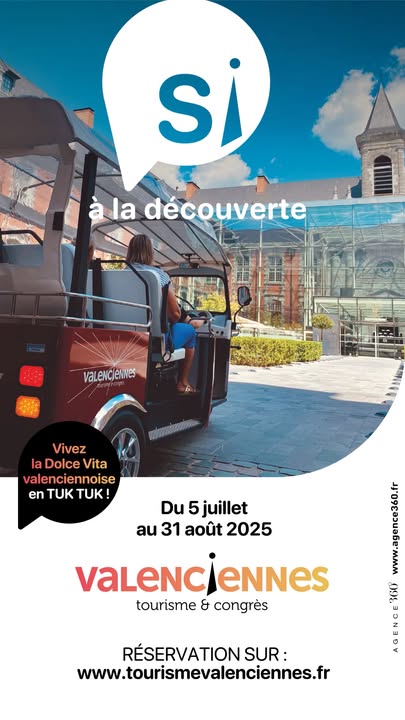 🇮🇹 𝐕𝐢𝐯𝐞𝐳 𝐥𝐚 𝐃𝐨𝐥𝐜𝐞 𝐕𝐢𝐭𝐚 𝐞𝐧 𝐭𝐮𝐤-𝐭𝐮𝐤 𝐜𝐞𝐭 𝐞́𝐭𝐞́ 𝐚̀ 𝐕𝐚𝐥𝐞𝐧𝐜𝐢𝐞𝐧𝐧𝐞𝐬 ! ✨
Jusqu’au 31 août, partez pour une escapade urbaine d’1h, fun, originale et pleine de charme 💛
📍 Embarquez à bord du nouveau tuk-tuk électrique de Valenciennes Tourisme & Congrès et laissez-vous guider à travers les incontournables de la ville, ses secrets et ses pépites cachées !

𝗔𝘂 𝗽𝗿𝗼𝗴𝗿𝗮𝗺𝗺𝗲 :
🕒 Départs du mardi au samedi à 11h, 14h30 et 16h
📍 Depuis l’Office de Tourisme (12 place Verte – Valenciennes)
🚹 4 personnes max par tour
💶 12 € par personne / 10 € pour les -12 ans*
🧒 Enfants acceptés à partir de l’âge permettant l’usage d’un siège réhausseur (fourni)

ℹ 𝗥𝗲́𝘀𝗲𝗿𝘃𝗲𝘇 𝘃𝗶𝘁𝗲 𝘃𝗼𝘀 𝗽𝗹𝗮𝗰𝗲𝘀 𝘀𝘂𝗿 👉 www.tourismevalenciennes.fr

#valenciennes  #valenciennesmaville #dolcevita  #tuktuktour  #Été2025