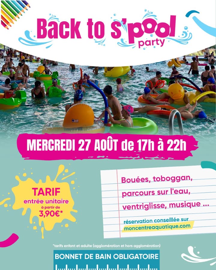 [🎉 𝗝-𝟭 𝗮𝘃𝗮𝗻𝘁 𝗹𝗮 𝗕𝗮𝗰𝗸 𝘁𝗼 𝗦’𝗣𝗼𝗼𝗹 𝗣𝗮𝗿𝘁𝘆 ! 🎉]
Le compte à rebours est lancé pour la soirée la plus fun de l’été au Centre aquatique Nungesser  🌊

📅 𝗥𝗲𝗻𝗱𝗲𝘇-𝘃𝗼𝘂𝘀 𝗺𝗲𝗿𝗰𝗿𝗲𝗱𝗶 𝟮𝟳 𝗮𝗼𝘂̂𝘁 𝗱𝗲 𝟭𝟳𝗵 𝗮̀ 𝟮𝟮𝗵

⚠️ Infos pratiques pour cette journée spéciale :
▪️ Les cours collectifs aquatiques du soir sont annulés
▪️ Le bassin sportif ne sera pas accessible à partir de 17h
▪️ Le bassin ludique reste ouvert 
▪️ L’espace bien-être et le fitness restent accessibles aux horaires habituels

‼️ Bonnet de bain obligatoire
📲 Réservation conseillée sur 👉 moncentreaquatique.com