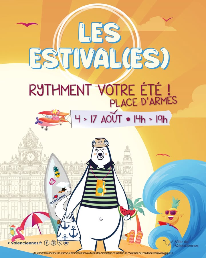 🎉 𝗖’𝗘𝗦𝗧 𝗣𝗔𝗥𝗧𝗜 ! 𝗟𝗲𝘀 𝗘𝘀𝘁𝗶𝘃𝗮𝗹(𝗲𝘀) 𝘀𝗼𝗻𝘁 𝗼𝗳𝗳𝗶𝗰𝗶𝗲𝗹𝗹𝗲𝗺𝗲𝗻𝘁 𝗹𝗮𝗻𝗰𝗲́𝗲𝘀 𝗮̀ 𝗩𝗮𝗹𝗲𝗻𝗰𝗶𝗲𝗻𝗻𝗲𝘀 ! ☀️
𝗗𝘂 𝟰 𝗮𝘂 𝟭𝟳 𝗮𝗼𝘂̂𝘁, vivez des moments de joie, de rires et de détente sur la place d’Armes, transformée pour l’occasion en un grand terrain de jeux et d’évasion 🎡🌴

Venez profiter en famille des jeux d’été :
🧘 Espaces détente pour chiller au soleil
😂 Ambiance festive et conviviale garantie !

📍 𝗧𝗼𝘂𝘀 𝗹𝗲𝘀 𝗷𝗼𝘂𝗿𝘀, 𝗷𝘂𝘀𝗾𝘂’𝗮𝘂 𝟭𝟳 𝗮𝗼𝘂̂𝘁, de 14h à 19h
👉 𝑳𝒆𝒔 𝑬𝒔𝒕𝒊𝒗𝒂𝒍(𝒆𝒔) 𝒓𝒚𝒕𝒉𝒎𝒆𝒏𝒕 𝒗𝒐𝒕𝒓𝒆 𝒆́𝒕𝒆́ 𝒂̀ 𝑽𝒂𝒍𝒆𝒏𝒄𝒊𝒆𝒏𝒏𝒆𝒔 !