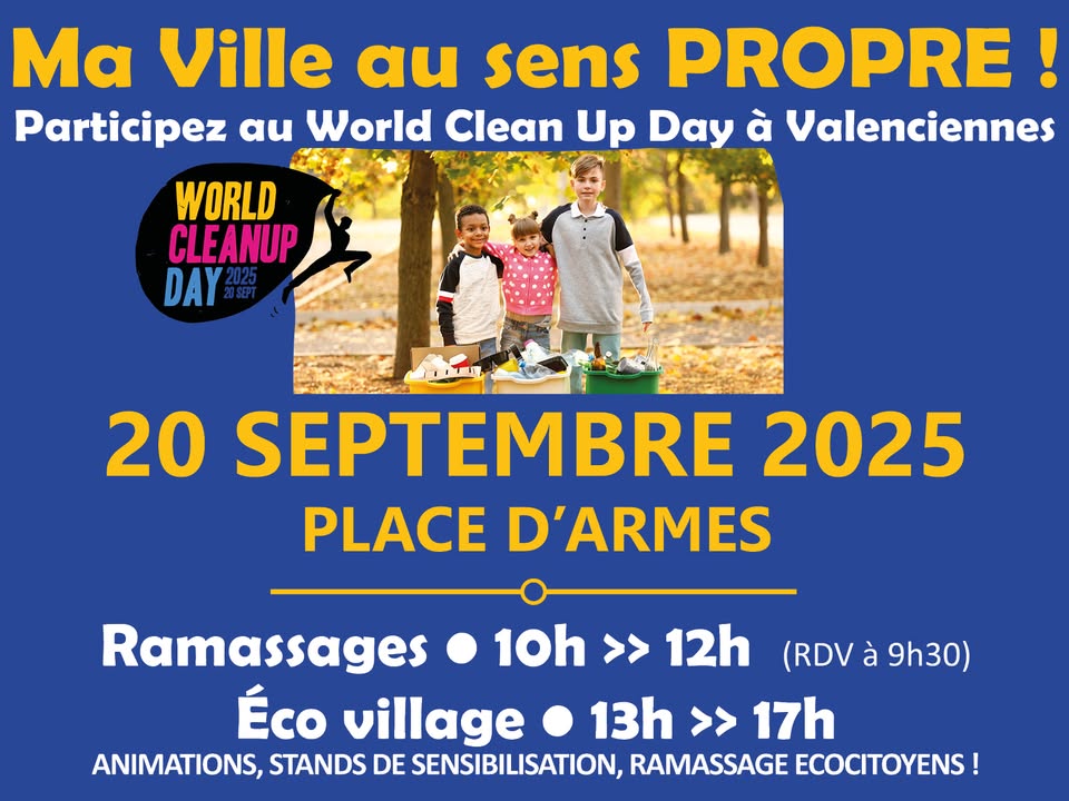 [RDV 🌍] World Cleanup Day ou Journée mondiale du nettoyage de la planète – 𝐒𝐚𝐦𝐞𝐝𝐢 𝟐𝟎 𝐬𝐞𝐩𝐭𝐞𝐦𝐛𝐫𝐞 🌍
📅 𝑵𝒐𝒕𝒆𝒛 𝒍𝒂 𝒅𝒂𝒕𝒆 !
Rendez-vous dès 9h30 (départ à 10h) sur la place d’Armes pour participer à cette grande journée citoyenne dédiée au ramassage des déchets abandonnés polluant notre environnement.

🗑️ 𝐀𝐮 𝐩𝐫𝐨𝐠𝐫𝐚𝐦𝐦𝐞 :
➡️ Trois parcours à travers le centre-ville, organisés avec l’association Val Pro Ci
➡️ Des actions de nettoyage dans les différents quartiers de la ville
➡️ Dès 13h, retrouvez l’éco-village avec ses animations et ateliers de sensibilisation

💪 𝑪𝒐𝒎𝒎𝒆 𝒄𝒉𝒂𝒒𝒖𝒆 𝒂𝒏𝒏𝒆́𝒆, 𝒏𝒐𝒖𝒔 𝒄𝒐𝒎𝒑𝒕𝒐𝒏𝒔 𝒔𝒖𝒓 𝒗𝒐𝒖𝒔, 𝒏𝒐𝒎𝒃𝒓𝒆𝒖𝒔𝒆𝒔 𝒆𝒕 𝒏𝒐𝒎𝒃𝒓𝒆𝒖𝒙, 𝒑𝒐𝒖𝒓 𝒑𝒓𝒆𝒏𝒅𝒓𝒆 𝒔𝒐𝒊𝒏 𝒅𝒆 𝒏𝒐𝒕𝒓𝒆 𝒄𝒂𝒅𝒓𝒆 𝒅𝒆 𝒗𝒊𝒆.

ℹ + 𝐝’𝐢𝐧𝐟𝐨𝐬 : https://activites.decathlon.fr/fr-FR/activites-sportives/details/6958613
𝐋𝐢𝐞𝐧 𝐝𝐞 𝐥’𝐞́𝐯𝐞́𝐧𝐞𝐦𝐞𝐧𝐭 : https://fb.me/e/6QfpxwBwO