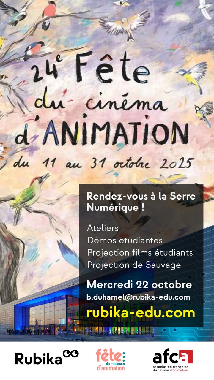 🎬 𝐅𝐞̂𝐭𝐞 𝐝𝐞 𝐥&rsquo;𝐀𝐧𝐢𝐦𝐚𝐭𝐢𝐨𝐧 — 𝐌𝐞𝐫𝐜𝐫𝐞𝐝𝐢 𝟐𝟐 𝐨𝐜𝐭𝐨𝐛𝐫𝐞 𝐚̀ 𝐕𝐚𝐥𝐞𝐧𝐜𝐢𝐞𝐧𝐧𝐞𝐬
Dans le cadre de la Fête du Cinéma d’Animation et en partenariat avec l’AFCA (Association Française du Cinéma d’Animation), Rubika organise une journée dédiée à la découverte de l’animation 2D et 3D, le 𝐦𝐞𝐫𝐜𝐫𝐞𝐝𝐢 𝟐𝟐 𝐨𝐜𝐭𝐨𝐛𝐫𝐞, 𝐝𝐞 𝟏𝟎𝐡 𝐚̀ 𝟏𝟗𝐡.

Venez découvrir les métiers, les techniques et les coulisses du cinéma d’animation à travers des ateliers, des initiations et des projections. L’animation 2D/3D sera mise à l’honneur tout au long de la journée, dans un format pédagogique et accessible.

𝑳&rsquo;𝒆́𝒗𝒆́𝒏𝒆𝒎𝒆𝒏𝒕 𝒆𝒔𝒕 𝒈𝒓𝒂𝒕𝒖𝒊𝒕 𝒆𝒕 𝒐𝒖𝒗𝒆𝒓𝒕 𝒂̀ 𝒕𝒐𝒖𝒔 𝒂̀ 𝒑𝒂𝒓𝒕𝒊𝒓 𝒅𝒆 7 𝒂𝒏𝒔 ! 

ℹ + 𝐝&rsquo;𝐢𝐧𝐟𝐨𝐬 : https://rubika-edu.com/evenements/f%C3%AAte-de-l-animation-2025/