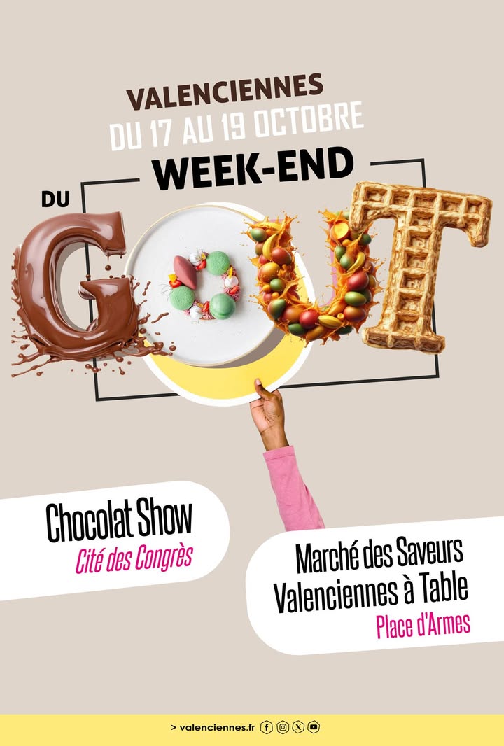 [🍴 𝐖𝐞𝐞𝐤-𝐞𝐧𝐝 𝐝𝐮 𝐠𝐨𝐮̂𝐭 𝐚̀ 𝐕𝐚𝐥𝐞𝐧𝐜𝐢𝐞𝐧𝐧𝐞𝐬 😋] FOCUS aujourd’hui sur le 3ème événement de votre week-end gourmand

🥖🧀  𝐋𝐞 𝐌𝐚𝐫𝐜𝐡𝐞́ 𝐝𝐞𝐬 𝐒𝐚𝐯𝐞𝐮𝐫𝐬 🍯🧀

Le Marché des Saveurs revient pour trois jours de découvertes gustatives et artisanales au cœur de Valenciennes.

🌿 𝐀𝐮 𝐩𝐫𝐨𝐠𝐫𝐚𝐦𝐦𝐞 :
Des stands variés mêlant produits du terroir, fromages et charcuteries de Savoie, délices sucrés, saveurs des îles et cuisine exotique.
Vous pourrez également profiter d’un espace artisanat avec objets en bois et en osier, ainsi que de démonstrations culinaires.

𝑬𝒏𝒕𝒓𝒆 𝒅𝒆́𝒈𝒖𝒔𝒕𝒂𝒕𝒊𝒐𝒏𝒔, 𝒓𝒆𝒏𝒄𝒐𝒏𝒕𝒓𝒆𝒔 𝒆𝒕 𝒂𝒏𝒊𝒎𝒂𝒕𝒊𝒐𝒏𝒔, 𝒍𝒆 𝑴𝒂𝒓𝒄𝒉𝒆́ 𝒅𝒆𝒔 𝑺𝒂𝒗𝒆𝒖𝒓𝒔 𝒑𝒓𝒐𝒎𝒆𝒕 𝒖𝒏 𝒎𝒐𝒎𝒆𝒏𝒕 𝒖𝒏𝒊𝒒𝒖𝒆 𝒑𝒐𝒖𝒓 𝒆́𝒗𝒆𝒊𝒍𝒍𝒆𝒓 𝒍𝒆𝒔 𝒑𝒂𝒑𝒊𝒍𝒍𝒆𝒔.

📅 Du 17 au 19 octobre 2025
📍   Place d’Armes – Valenciennes
🎟️ Entrée libre