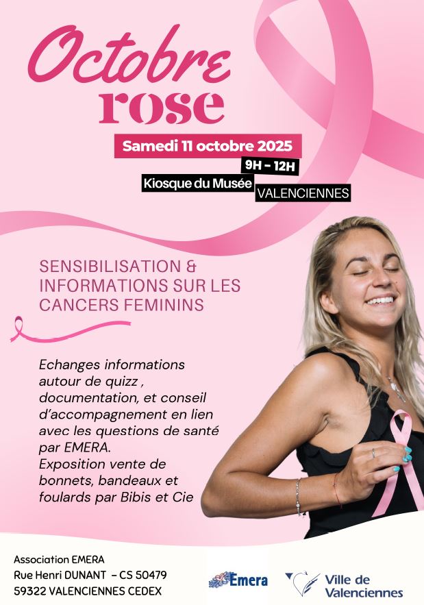 🎀🎀 #OctobreRose – 2ᵉ rendez-vous ! 🎀🎀
RDV  au kiosque du musée, 𝐬𝐚𝐦𝐞𝐝𝐢 𝟏𝟏 𝐨𝐜𝐭𝐨𝐛𝐫𝐞, 𝐝𝐞 𝟗𝐡 𝐚̀ 𝟏𝟐𝐡
💗 𝑽𝒆𝒏𝒆𝒛 𝒗𝒐𝒖𝒔 𝒊𝒏𝒇𝒐𝒓𝒎𝒆𝒓, 𝒆́𝒄𝒉𝒂𝒏𝒈𝒆𝒓 𝒆𝒕 𝒔𝒐𝒖𝒕𝒆𝒏𝒊𝒓 𝒍𝒂 𝒍𝒖𝒕𝒕𝒆 𝒄𝒐𝒏𝒕𝒓𝒆 𝒍𝒆𝒔 𝒄𝒂𝒏𝒄𝒆𝒓𝒔 𝒇𝒆́𝒎𝒊𝒏𝒊𝒏𝒔 !

🎀 𝐀𝐮 𝐩𝐫𝐨𝐠𝐫𝐚𝐦𝐦𝐞 :
🎗️ Sensibilisation et informations sur les cancers féminins
🩺 Quizz et conseils santé
💗 Expo-vente de bonnets et de foulards

#tousensemblecontrelecancer 💕
ℹ + 𝐝’𝐢𝐧𝐟𝐨𝐬 : https://www.valenciennes.fr/agenda/