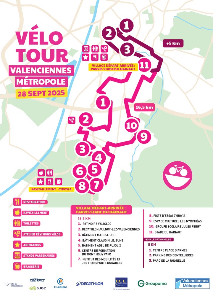 🚴 𝗟𝗲 Velotour 𝗮𝗽𝗽𝗿𝗼𝗰𝗵𝗲 ! 🚴
Voici quelques 𝗶𝗻𝗳𝗼𝘀 𝗽𝗿𝗮𝘁𝗶𝗾𝘂𝗲𝘀 pour profiter au mieux de votre balade 🚲🚲 :

👉 𝐑𝐞𝐭𝐫𝐚𝐢𝐭 𝐝𝐞𝐬 𝐩𝐚𝐜𝐤𝐬 𝐩𝐚𝐫𝐭𝐢𝐜𝐢𝐩𝐚𝐧𝐭𝐬 :
Vous devez récupérer votre pack participant avant la balade. Il contient :
🔹 Une plaque de cadre à fixer sur votre vélo pour accéder aux lieux.
🔹 Un roadbook avec toutes les informations pratiques.

👉 𝗟𝗶𝗲𝘂𝘅 𝗲𝘁 𝗵𝗼𝗿𝗮𝗶𝗿𝗲𝘀 𝗱𝗲 𝗿𝗲𝘁𝗿𝗮𝗶𝘁 :
🔹 Samedi 27 septembre : Decathlon – Aulnoy Lez Valenciennes, 𝐶ℎ𝑒𝑚𝑖𝑛 𝑑𝑒𝑠 𝐵𝑜𝑢𝑟𝑔𝑒𝑜𝑖𝑠, 59300 𝐴𝑢𝑙𝑛𝑜𝑦 𝐿𝑒𝑧 𝑉𝑎𝑙𝑒𝑛𝑐𝑖𝑒𝑛𝑛𝑒𝑠

🔹 Dimanche 28 septembre : Village Vélotour, 𝑠𝑡𝑎𝑑𝑒 𝑑𝑢 𝐻𝑎𝑖𝑛𝑎𝑢𝑡, 𝑎𝑣𝑒𝑛𝑢𝑒 𝑑𝑒𝑠 𝑆𝑝𝑜𝑟𝑡𝑠 𝑎̀ 𝑉𝑎𝑙𝑒𝑛𝑐𝑖𝑒𝑛𝑛𝑒𝑠

ℹ  Une personne de votre entourage peut retirer votre pack pour vous, sur présentation de votre billet.

👉 𝗥𝗲𝗻𝗱𝗲𝘇-𝘃𝗼𝘂𝘀 𝗮𝘂 𝗦𝘁𝗮𝗱𝗲 𝗱𝘂 𝗛𝗮𝗶𝗻𝗮𝘂𝘁, c’est ici que se trouve le village départ-arrivée !

👉 𝗖𝗿𝗲́𝗻𝗲𝗮𝘂𝘅 𝗵𝗼𝗿𝗮𝗶𝗿𝗲𝘀 𝗱𝗲 𝗱𝗲́𝗽𝗮𝗿𝘁 : Il y a 4 créneaux. Si vous avez choisi le créneau de 8h, vous devez partir entre 8h et 9h. Respectez votre créneau pour éviter les bouchons sur le parcours ! 😉

🌟 𝑼𝒏𝒆 𝒃𝒂𝒍𝒂𝒅𝒆 𝒂̀ 𝒗𝒆́𝒍𝒐 𝒊𝒏𝒔𝒐𝒍𝒊𝒕𝒆, 𝒐𝒖̀ 𝒍𝒆 𝒔𝒆𝒖𝒍 𝒎𝒐𝒕 𝒅&rsquo;𝒐𝒓𝒅𝒓𝒆 𝒆𝒔𝒕 𝒍𝒆 𝒔𝒐𝒖𝒓𝒊𝒓𝒆 !

Voici le parcours 👇