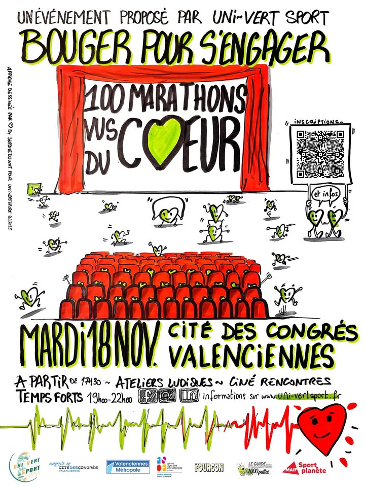 [🎉INFO] RDV mardi 18 novembre à Valenciennes ! 🎉
Uni-Vert Sport , en partenariat avec la Cité des Congrès Valenciennes, vous invite à une grande soirée : 💚 « 𝐁𝐨𝐮𝐠𝐞𝐫 𝐩𝐨𝐮𝐫 𝐬&rsquo;𝐞𝐧𝐠𝐚𝐠𝐞𝐫 » 💚
𝐀𝐮 𝐩𝐫𝐨𝐠𝐫𝐚𝐦𝐦𝐞 :
🔹𝐃𝐞 𝟏𝟕𝐡𝟑𝟎 𝐚̀ 𝟐𝟑𝐡, venez vivre un moment unique avec :
👉 Des ateliers ludiques
👉 Une exposition photo
👉 2 ciné-rencontres
👉 Et sûrement quelques surprises… 😍

🔹 𝐎𝐛𝐣𝐞𝐜𝐭𝐢𝐟 : 800 𝘱𝘦𝘳𝘴𝘰𝘯𝘯𝘦𝘴 𝘥𝘢𝘯𝘴 𝘭’𝘢𝘶𝘥𝘪𝘵𝘰𝘳𝘪𝘶𝘮 𝘱𝘰𝘶𝘳 𝘣𝘰𝘶𝘨𝘦𝘳 𝘤𝘰𝘭𝘭𝘦𝘤𝘵𝘪𝘷𝘦𝘮𝘦𝘯𝘵 𝘦𝘵 𝘱𝘢𝘳𝘵𝘢𝘨𝘦𝘳 𝘥𝘦𝘴 𝘮𝘰𝘮𝘦𝘯𝘵𝘴 𝘧𝘰𝘳𝘵𝘴 !

🔹𝐃𝐞 𝟏𝟗𝐡 𝐞𝐭 𝟐𝟏𝐡𝟒𝟓 :
🎬 Projection du film « 100 marathons vus du cœur »
💬 Table ronde active avec l’équipe du film, des acteurs du territoire et des athlètes inspirants.

➡️ 𝐶𝑒 𝑠𝑒𝑟𝑎 𝑙𝑎 1𝑒̀𝑟𝑒 𝑝𝑟𝑜𝑗𝑒𝑐𝑡𝑖𝑜𝑛 𝑔𝑟𝑎𝑛𝑑 𝑝𝑢𝑏𝑙𝑖𝑐 𝑑𝑢 𝑓𝑖𝑙𝑚 𝑎̀ 𝑉𝑎𝑙𝑒𝑛𝑐𝑖𝑒𝑛𝑛𝑒𝑠 𝑀𝑒́𝑡𝑟𝑜𝑝𝑜𝑙𝑒, 3 𝑎𝑛𝑠 𝑎𝑝𝑟𝑒̀𝑠 𝑙’𝑖𝑛𝑐𝑟𝑜𝑦𝑎𝑏𝑙𝑒 𝑎𝑣𝑒𝑛𝑡𝑢𝑟𝑒 𝑑𝑒 𝑁𝑖𝑐𝑜𝑙𝑎𝑠 𝑉𝑎𝑛𝑑𝑒𝑛𝑒𝑙𝑠𝑘𝑒𝑛, 𝑞𝑢𝑖 𝑓𝑟𝑎𝑛𝑐ℎ𝑖𝑠𝑠𝑎𝑖𝑡 𝑙𝑒 19 𝑑𝑒́𝑐𝑒𝑚𝑏𝑟𝑒 2022 𝑙𝑎 𝑙𝑖𝑔𝑛𝑒 𝑑’𝑎𝑟𝑟𝑖𝑣𝑒́𝑒 𝑑𝑒 𝑠𝑜𝑛 100𝑒 𝑚𝑎𝑟𝑎𝑡ℎ𝑜𝑛 𝑐𝑜𝑛𝑠𝑒́𝑐𝑢𝑡𝑖𝑓 𝑒𝑛 100 𝑗𝑜𝑢𝑟𝑠 𝑎̀… 𝑉𝑎𝑙𝑒𝑛𝑐𝑖𝑒𝑛𝑛𝑒𝑠 !  💪

🔹𝐀̀ 𝟐𝟏𝐡𝟒𝟓, profitez d’un bonus avec la diffusion du film « Notre Record »

🍴 Restauration sur place – venez en famille, la soirée est adaptée dès 8 ans !

💰 Entrée à tarif libre
📲 Toutes les infos et inscriptions ici :
👉 https://www.helloasso.com/associations/uni-vert-sport/evenements/cine-debat-bouger-pour-s-engager-valenciennes
