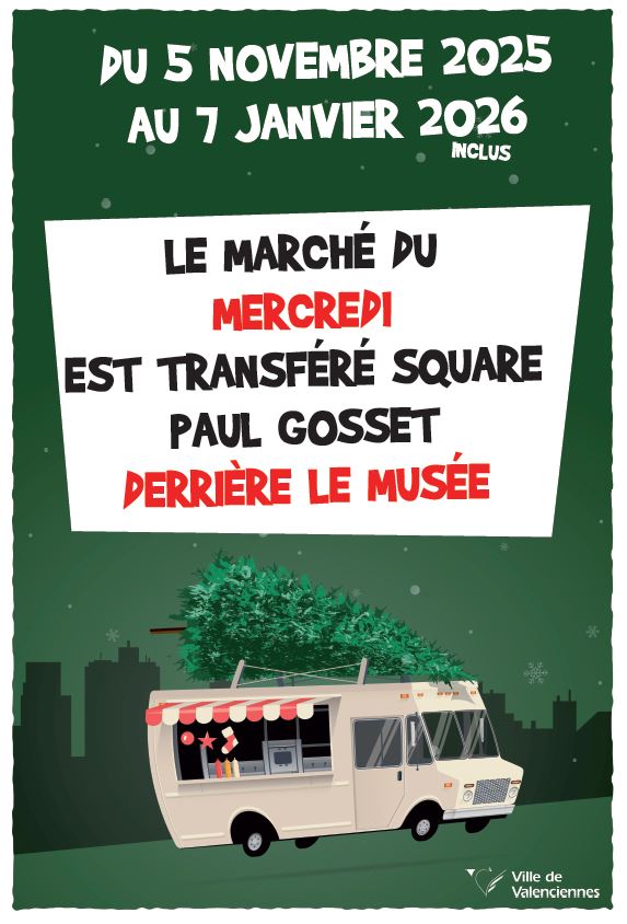 [INFO]  𝐃𝐮 𝟓 𝐧𝐨𝐯𝐞𝐦𝐛𝐫𝐞 𝐚𝐮 𝟕 𝐣𝐚𝐧𝐯𝐢𝐞𝐫 𝐢𝐧𝐜𝐥𝐮𝐬, votre marché du mercredi déménage au square Paul Gosset (juste derrière le Musée). 

Ce changement temporaire est lié à l’installation du Marché de Noël sur la place d’Armes. 🎄✨

Les commerçants vous y retrouveront avec le même sourire, les mêmes produits et la même convivialité. 💛