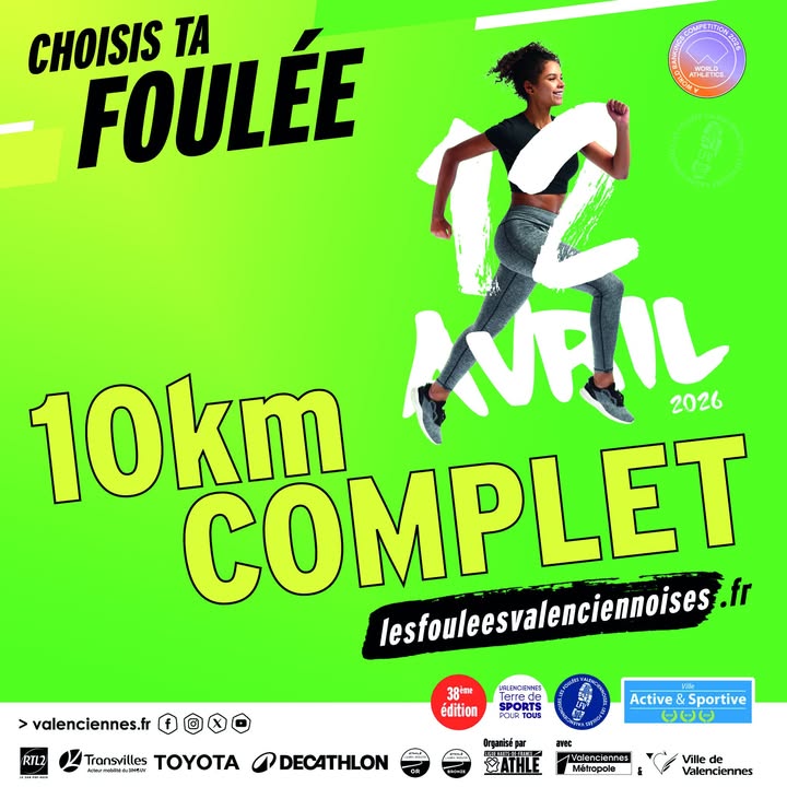 [🏃🏃🏃] 𝐂’𝐞𝐬𝐭 𝐨𝐟𝐟𝐢𝐜𝐢𝐞𝐥 : 𝐥𝐞 𝟏𝟎 𝐤𝐦 𝐝𝐞𝐬 𝐅𝐨𝐮𝐥𝐞́𝐞𝐬 𝐕𝐚𝐥𝐞𝐧𝐜𝐢𝐞𝐧𝐧𝐨𝐢𝐬𝐞𝐬 𝐚𝐟𝐟𝐢𝐜𝐡𝐞 𝐜𝐨𝐦𝐩𝐥𝐞𝐭 🎉
En quelques jours seulement, vous avez été 6 000 à répondre présent. Une mobilisation incroyable qui confirme l’engouement autour de l’événement.

𝐄𝐭 𝐥’𝐞́𝐥𝐚𝐧 𝐧𝐞 𝐬’𝐚𝐫𝐫𝐞̂𝐭𝐞 𝐩𝐚𝐬 𝐥𝐚̀ :
👉 les inscriptions aux autres formats continuent de s’envoler 🏃.
5 km, Foulées Santé ou encore randonnée… il reste encore des places, 𝒎𝒂𝒊𝒔 𝒑𝒍𝒖𝒔 𝒑𝒐𝒖𝒓 𝒍𝒐𝒏𝒈𝒕𝒆𝒎𝒑𝒔. Alors « Choisis ta Foulée » !

Que vous veniez pour la performance, le plaisir ou le partage, une chose est sûre : 𝐥𝐞 𝟏𝟐 𝐚𝐯𝐫𝐢𝐥 𝐬’𝐚𝐧𝐧𝐨𝐧𝐜𝐞 𝐦𝐞́𝐦𝐨𝐫𝐚𝐛𝐥𝐞 👟✨

👉 Inscriptions ouvertes : https://lesfouleesvalenciennoises.fr/inscriptions/

Les Foulées Valenciennoises #valenciennes #valenciennesmaville #valenciennesmetropole #sports #courseapied #course @followers