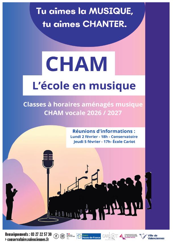 [🎼 INFO Conservatoire de Valenciennes 🎶] 
Une opportunité unique pour les jeunes élèves de concilier études générales et pratique musicale dans un parcours personnalisé et équilibré.

𝐈𝐧𝐬𝐜𝐫𝐢𝐩𝐭𝐢𝐨𝐧𝐬 :
📅 Retrait des dossiers : à partir du jeudi 15 janvier 2026
📅 Dépôt des dossiers : jusqu’au lundi 19 mars 2026

𝐑𝐞́𝐮𝐧𝐢𝐨𝐧𝐬 𝐝’𝐢𝐧𝐟𝐨𝐫𝐦𝐚𝐭𝐢𝐨𝐧𝐬 :
📍 Conservatoire de Valenciennes
🗓️ Lundi 2 février 2026 – 18h

📍 École du Cariot
🗓️ Jeudi 5 février 2026 – 17h