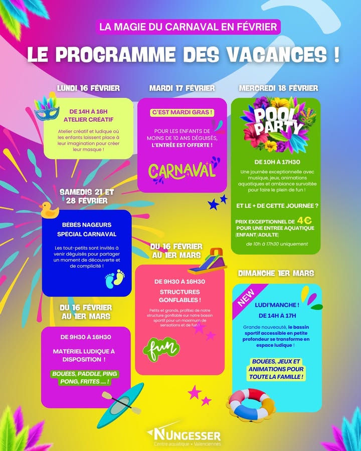 ❄️🏊‍♂️ 𝐋𝐞𝐬 𝐯𝐚𝐜𝐚𝐧𝐜𝐞𝐬 𝐝’𝐡𝐢𝐯𝐞𝐫 𝐬𝐞 𝐩𝐫𝐞́𝐩𝐚𝐫𝐞𝐧𝐭 𝐚𝐮 Centre aquatique Nungesser  ! 🏊‍♀️❄️
Qui dit vacances… dit programme spécial pour petits et grands 🎉

📅 𝐃𝐮 𝟏𝟔 𝐟𝐞́𝐯𝐫𝐢𝐞𝐫 𝐚𝐮 𝟏𝐞𝐫 𝐦𝐚𝐫𝐬, viens t’amuser, te défouler et faire le plein de rires au Centre aquatique Nungesser 🤩

👉 Des activités tous les jours pour vivre des vacances inoubliables en famille ou entre amis !
🌟 𝐍𝐎𝐔𝐕𝐄𝐀𝐔 ! 🎈 Ludi’Manche le 1er mars, une journée d’animations fun pour toute la famille, à ne surtout pas manquer !

ℹ️  𝐓𝐨𝐮𝐭𝐞𝐬 𝐥𝐞𝐬 𝐢𝐧𝐟𝐨𝐬 𝐬𝐮𝐫 : https://centreaquatiquenungesser.fr/offre-947-decouvrir-les-offres-de-fevrier.html

👉 𝐃𝐞́𝐜𝐨𝐮𝐯𝐫𝐞 𝐥𝐞 𝐩𝐫𝐨𝐠𝐫𝐚𝐦𝐦𝐞 𝐜𝐢-𝐝𝐞𝐬𝐬𝐨𝐮𝐬 👇😉 !