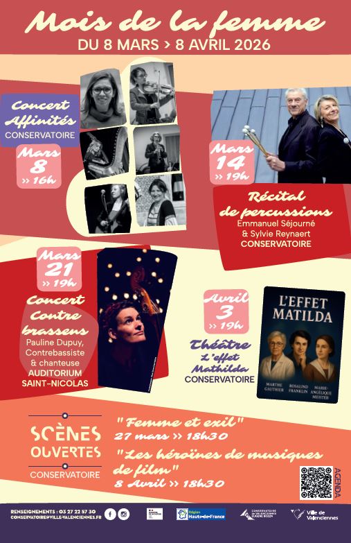 🎶🌸 𝐌𝐨𝐢𝐬 𝐝𝐞 𝐥𝐚 𝐅𝐞𝐦𝐦𝐞 𝐚𝐮 𝐂𝐨𝐧𝐬𝐞𝐫𝐯𝐚𝐭𝐨𝐢𝐫𝐞 🌸🎶
𝐃𝐮 𝟖 𝐦𝐚𝐫𝐬 𝐚𝐮 𝟖 𝐚𝐯𝐫𝐢𝐥, le Conservatoire de Valenciennes vous propose une programmation artistique riche et engagée, mêlant musique, théâtre et scènes ouvertes, pour mettre en lumière les talents, les parcours et les voix féminines.

🎶 𝐓𝐨𝐮𝐭𝐞 𝐥𝐚 𝐩𝐫𝐨𝐠𝐫𝐚𝐦𝐦𝐚𝐭𝐢𝐨𝐧 👉 https://www.valenciennes.fr/agenda/mois-de-la-femme/ 👇