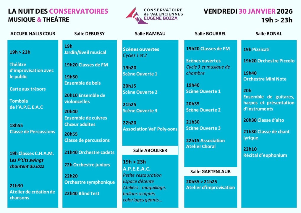 [🎶 𝐉-𝟐 𝐚𝐯𝐚𝐧𝐭 𝐥𝐚 𝐍𝐮𝐢𝐭 𝐝𝐞𝐬 𝐂𝐨𝐧𝐬𝐞𝐫𝐯𝐚𝐭𝐨𝐢𝐫𝐞𝐬 ! 🎶]
Rendez-vous 𝐯𝐞𝐧𝐝𝐫𝐞𝐝𝐢 𝟑𝟎 𝐣𝐚𝐧𝐯𝐢𝐞𝐫 𝐝𝐞 𝟏𝟗𝐡 𝐚̀ 𝟐𝟑𝐡 au Conservatoire de Valenciennes 
Venez découvrir le conservatoire comme vous ne l’avez jamais vu.
ℹ Entrée gratuite – tout public.
👉 𝑽𝒐𝒖𝒔 𝒂𝒗𝒆𝒛 𝒅𝒆𝒎𝒂𝒏𝒅𝒆́ 𝒍𝒆 𝒑𝒓𝒐𝒈𝒓𝒂𝒎𝒎𝒆… 𝒂𝒍𝒐𝒓𝒔 𝒍𝒆 𝒗𝒐𝒊𝒄𝒊 ! 😉👇
