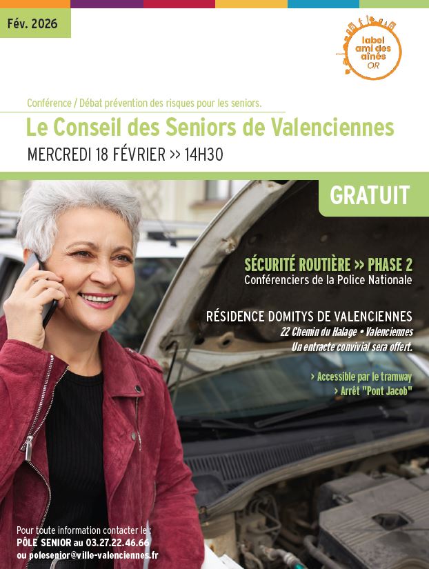 👵👴 𝐂𝐨𝐧𝐟𝐞́𝐫𝐞𝐧𝐜𝐞 / 𝐃𝐞́𝐛𝐚𝐭 – 𝐏𝐫𝐞́𝐯𝐞𝐧𝐭𝐢𝐨𝐧 𝐝𝐞𝐬 𝐫𝐢𝐬𝐪𝐮𝐞𝐬 𝐩𝐨𝐮𝐫 𝐥𝐞𝐬 𝐬𝐞𝐧𝐢𝐨𝐫𝐬 👮‍♂️

Une conférence-débat gratuite dédiée à la prévention des risques pour les seniors, animée par des conférenciers de la Police municipale, vous est proposée.

📅 𝐑𝐞𝐧𝐝𝐞𝐳-𝐯𝐨𝐮𝐬 𝐦𝐞𝐫𝐜𝐫𝐞𝐝𝐢 𝟏𝟖 𝐟𝐞́𝐯𝐫𝐢𝐞𝐫 𝐚̀ 𝟏𝟒𝐡𝟑𝟎, résidence Domitys de Valenciennes, 22 𝑐ℎ𝑒𝑚𝑖𝑛 𝑑𝑢 𝐻𝑎𝑙𝑎𝑔𝑒

👉 Venez échanger, poser vos questions et obtenir des conseils pratiques pour mieux prévenir les risques du quotidien 😊

ℹ️ + 𝐝&rsquo;𝐢𝐧𝐟𝐨𝐬 : Pôle Senior : 03 27 22 46 66 – polesenior@ville-valenciennes.fr