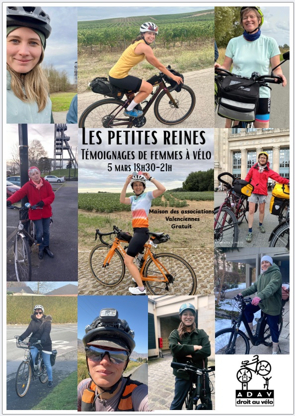 🚲✨ 𝐋𝐚 𝐌𝐃𝐀 𝐟𝐞̂𝐭𝐞 𝐥𝐞𝐬 𝐟𝐞𝐦𝐦𝐞𝐬 ✨🚲
Dans le cadre de la programmation de l&rsquo;événement la Maison des associations Valenciennes fête les femmes,

📅 𝐑𝐞𝐧𝐝𝐞𝐳-𝐯𝐨𝐮𝐬 𝐥𝐞 𝟓 𝐦𝐚𝐫𝐬, 𝐝𝐞 𝟏𝟖𝐡𝟑𝟎 𝐚̀ 𝟐𝟏𝐡
📍 Maison des Associations – Salle du Moulin
🎬 « Les Petites Reines » avec l’A.D.A.V – Association Droit Au Vélo

Venez à la rencontre des femmes inspirantes qui partagent leurs expériences, leurs motivations et les bénéfices qu’elles retirent de la pratique du vélo 🚴‍♀️
À travers une projection réalisée par les bénévoles, plongez dans l’univers du vélo au féminin.

𝐔𝐧 𝐭𝐞𝐦𝐩𝐬 𝐝𝐞 𝐫𝐞𝐧𝐜𝐨𝐧𝐭𝐫𝐞 𝐚̀ 𝐧𝐞 𝐩𝐚𝐬 𝐦𝐚𝐧𝐪𝐮𝐞𝐫 💬💜  𝐕𝐞𝐧𝐞𝐳 𝐧𝐨𝐦𝐛𝐫𝐞𝐮𝐬𝐞𝐬 𝐞𝐭 𝐧𝐨𝐦𝐛𝐫𝐞𝐮𝐱 !

ℹ 𝐄𝐧𝐭𝐫𝐞́𝐞 𝐥𝐢𝐛𝐫𝐞 
+ 𝐝&rsquo;𝐢𝐧𝐟𝐨𝐬 : https://www.valenciennes.fr/agenda/la-maison-des-association-fete-les-femmes/