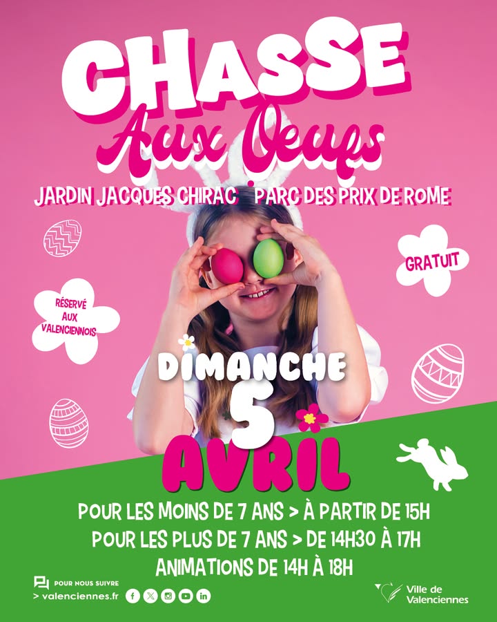 🐰🍫 𝐋𝐚 𝐜𝐡𝐚𝐬𝐬𝐞 𝐚𝐮𝐱 œ𝐮𝐟𝐬 🥚 𝐚𝐫𝐫𝐢𝐯𝐞 !
𝐋𝐞 𝟓 𝐚𝐯𝐫𝐢𝐥, direction le jardin Jacques Chirac, parc des prix de Rome pour un après-midi rempli de surprises, de jeux et… de chocolat 😍

𝐀𝐮 𝐩𝐫𝐨𝐠𝐫𝐚𝐦𝐦𝐞 :
🥚 Chasses aux œufs 
🎨 Ateliers créatifs
🎭 Maquillage
🎈 Animations et structures gonflables,…

𝑼𝒏 𝒆́𝒗𝒆́𝒏𝒆𝒎𝒆𝒏𝒕 𝒊𝒅𝒆́𝒂𝒍 𝒑𝒐𝒖𝒓 𝒑𝒂𝒓𝒕𝒂𝒈𝒆𝒓 𝒖𝒏 𝒎𝒐𝒎𝒆𝒏𝒕 𝒆𝒏 𝒇𝒂𝒎𝒊𝒍𝒍𝒆 !

📅 𝐑𝐞𝐧𝐝𝐞𝐳-𝐯𝐨𝐮𝐬 𝐥𝐞 𝟓 𝐚𝐯𝐫𝐢𝐥 !
👉 𝐏𝐞𝐧𝐬𝐞𝐳 𝐚̀ 𝐩𝐫𝐞𝐧𝐝𝐫𝐞 𝐯𝐨𝐭𝐫𝐞 𝐩𝐚𝐧𝐢𝐞𝐫 😉 𝐎𝐧 𝐯𝐨𝐮𝐬 𝐚𝐭𝐭𝐞𝐧𝐝 𝐧𝐨𝐦𝐛𝐫𝐞𝐮𝐱 !

ℹ 𝐋𝐢𝐞𝐧 𝐝𝐞 𝐥&rsquo;𝐞́𝐯𝐞́𝐧𝐞𝐦𝐞𝐧𝐭 : https://fb.me/e/9htvkihE5