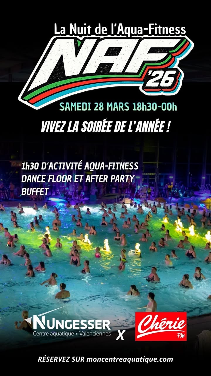 🔥💦 𝐉-𝟏 – 𝐍𝐀𝐟’𝟐𝟔 : 𝐋𝐚 𝐍𝐮𝐢𝐭 𝐝𝐞 𝐥’𝐀𝐪𝐮𝐚-𝐅𝐢𝐭𝐧𝐞𝐬𝐬 ! 💦🔥

Le grand rendez-vous du Centre aquatique Nungesser, c’est demain ! 😍

Il reste quelques places disponibles, alors il est encore temps de réserver et de rejoindre la soirée la plus sportive et fun de l’année 👉  https://urls.fr/Hz2hTr 💪🎉

📅 𝐒𝐚𝐦𝐞𝐝𝐢 𝟐𝟖 𝐦𝐚𝐫𝐬
💪 1h30 d’activités au choix : 𝑇𝑒𝑎𝑚 𝐴𝑞𝑢𝑎𝑠𝑝𝑜𝑟𝑡 𝑜𝑢 𝑇𝑒𝑎𝑚 𝐹𝑖𝑡𝑛𝑒𝑠𝑠
🎶 Dance floor, restauration et surprises au programme !

👉 𝐍𝐞 𝐭𝐚𝐫𝐝𝐞𝐳 𝐩𝐥𝐮𝐬, 𝐢𝐧𝐬𝐜𝐫𝐢𝐩𝐭𝐢𝐨𝐧𝐬 𝐞𝐧𝐜𝐨𝐫𝐞 𝐩𝐨𝐬𝐬𝐢𝐛𝐥𝐞𝐬 (𝑑𝑎𝑛𝑠 𝑙𝑎 𝑙𝑖𝑚𝑖𝑡𝑒 𝑑𝑒𝑠 𝑝𝑙𝑎𝑐𝑒𝑠 𝑟𝑒𝑠𝑡𝑎𝑛𝑡𝑒𝑠) !

⚠️  𝐈𝐧𝐟𝐨𝐫𝐦𝐚𝐭𝐢𝐨𝐧 𝐢𝐦𝐩𝐨𝐫𝐭𝐚𝐧𝐭𝐞 :
Le centre aquatique sera ensuite en 𝐩𝐚𝐮𝐬𝐞 𝐭𝐞𝐜𝐡𝐧𝐢𝐪𝐮𝐞 𝐝𝐮 𝟑𝟎 𝐦𝐚𝐫𝐬 𝐚𝐮 𝟏𝟕 𝐚𝐯𝐫𝐢𝐥 𝐢𝐧𝐜𝐥𝐮𝐬.

📆 𝐀̀ 𝐥𝐚 𝐫𝐞́𝐨𝐮𝐯𝐞𝐫𝐭𝐮𝐫𝐞 :
🔹 Les 18 et 19 avril : week-end spécial prévention noyade 
🔹 Du 20 au 24 avril : retour des stages de natation

+ 𝐝&rsquo;𝐢𝐧𝐟𝐨𝐬 : https://centreaquatiquenungesser.fr/

#natation #fun #centreaquatique #nuitaquafitness #aquafitness #soirée