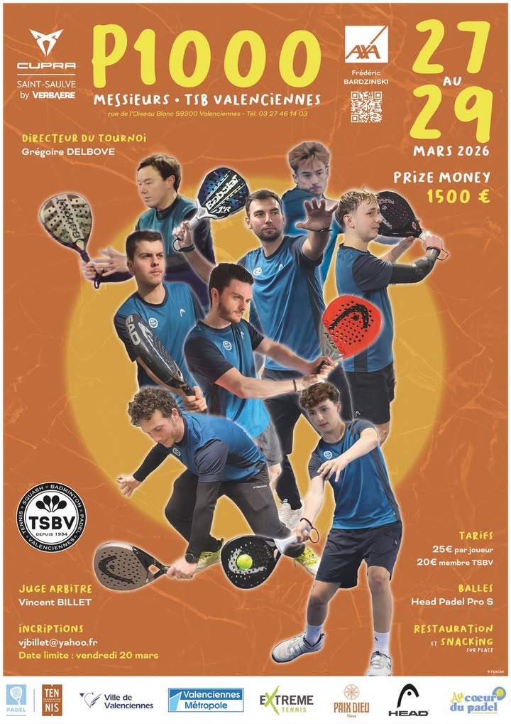 🔥 𝐏𝟏𝟎𝟎𝟎 𝐚𝐮 𝐓𝐒𝐁 𝐕𝐚𝐥𝐞𝐧𝐜𝐢𝐞𝐧𝐧𝐞𝐬 – 𝐏𝐀𝐃𝐄𝐋 – 𝐝𝐮 𝟐𝟕 𝐚𝐮 𝟐𝟗 𝐦𝐚𝐫𝐬 𝟐𝟎𝟐𝟔 ! 🔥
Le TSBV vous donne rendez-vous pour un week-end 100% sport, compétition et convivialité ! 💥

𝐀𝐮 𝐩𝐫𝐨𝐠𝐫𝐚𝐦𝐦𝐞 :
👉 Des matchs de haut niveau dès le vendredi soir
👉 Un week-end rythmé avec les phases finales jusqu’à la grande finale du dimanche
👉 Une ambiance chaleureuse avec restauration sur place tout le week-end 🍽️

📅 𝐓𝐞𝐦𝐩𝐬 𝐟𝐨𝐫𝐭𝐬 :
🔹Vendredi : qualifications dès 17h
🔹Samedi : début du tableau principal à 8h30
🔹Dimanche : demi-finales en fin de matinée et finale vers 15h 🏆

𝑸𝒖𝒆 𝒗𝒐𝒖𝒔 𝒔𝒐𝒚𝒆𝒛 𝒑𝒂𝒔𝒔𝒊𝒐𝒏𝒏𝒆́ 𝒐𝒖 𝒔𝒊𝒎𝒑𝒍𝒆 𝒄𝒖𝒓𝒊𝒆𝒖𝒙, 𝒗𝒆𝒏𝒆𝒛 𝒗𝒊𝒃𝒓𝒆𝒓 𝒂𝒗𝒆𝒄 𝒍𝒆 𝑻𝑺𝑩𝑽 ! 🙌

#P1000 #padel #sport #tournoi #tsbv #weekendsport