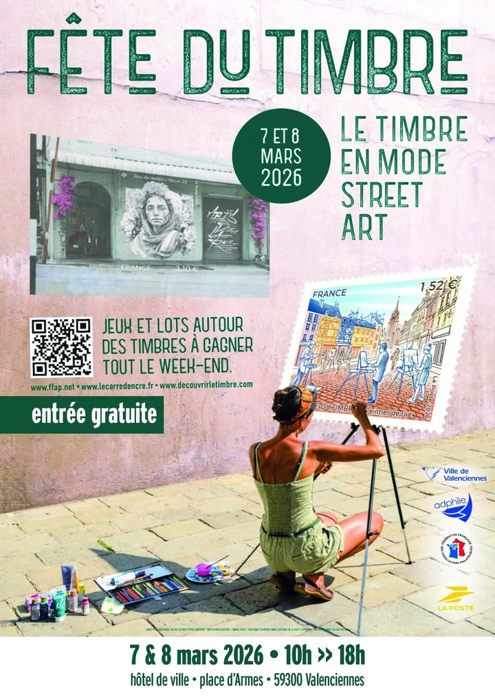 🎨✉️ 𝐅𝐞̂𝐭𝐞 𝐝𝐮 𝐭𝐢𝐦𝐛𝐫𝐞 𝟐𝟎𝟐𝟔 – 𝐒𝐭𝐫𝐞𝐞𝐭 𝐀𝐫𝐭 𝐞𝐭 𝐏𝐡𝐢𝐥𝐚𝐭𝐞́𝐥𝐢𝐞 ! ✉️🎨

𝐋𝐞𝐬 𝟕 𝐞𝐭 𝟖 𝐦𝐚𝐫𝐬, 𝐝𝐞 𝟏𝟎𝐡 𝐚̀ 𝟏𝟖𝐡, rendez-vous dans le hall de l’Hôtel de Ville pour découvrir la Fête du timbre.

Cette année, la thématique vous plonge dans l’univers du street art, où créativité et philatélie se rencontrent. 💌

✨ Entrée gratuite – 𝒑𝒂𝒓𝒇𝒂𝒊𝒕 𝒑𝒐𝒖𝒓 𝒑𝒆𝒕𝒊𝒕𝒔 𝒆𝒕 𝒈𝒓𝒂𝒏𝒅𝒔, 𝒑𝒂𝒔𝒔𝒊𝒐𝒏𝒏𝒆́𝒔 𝒐𝒖 𝒄𝒖𝒓𝒊𝒆𝒖𝒙 !

#FêteDuTimbre #StreetArt #Philatélie #ValenciennesMaVille #Culture #valenciennes