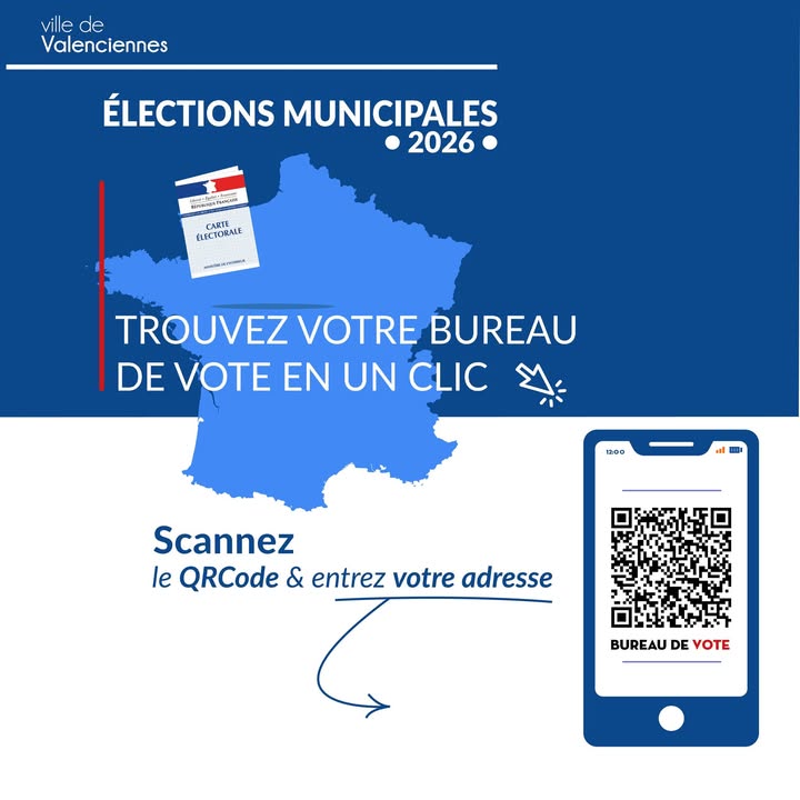 👉 𝗥𝗮𝗽𝗽𝗲𝗹 𝗱𝗲𝘀 𝗶𝗻𝗳𝗼𝗿𝗺𝗮𝘁𝗶𝗼𝗻𝘀 𝗽𝗿𝗮𝘁𝗶𝗾𝘂𝗲𝘀
 🗳️ 𝟮𝗻𝗱 𝘁𝗼𝘂𝗿 – 𝗘𝗹𝗲𝗰𝘁𝗶𝗼𝗻𝘀 𝗺𝘂𝗻𝗶𝗰𝗶𝗽𝗮𝗹𝗲𝘀 𝗹𝗲 𝟮𝟮 𝗺𝗮𝗿𝘀 𝟮𝟬𝟮𝟲

⏰ 𝗟𝗲𝘀 𝗯𝘂𝗿𝗲𝗮𝘂𝘅 𝗱𝗲 𝘃𝗼𝘁𝗲 𝘀𝗼𝗻𝘁 𝗼𝘂𝘃𝗲𝗿𝘁𝘀 𝗱𝗲 𝟴𝗵 𝗮̀ 𝟭𝟴𝗵

📍 𝗣𝗼𝘂𝗿 𝘁𝗿𝗼𝘂𝘃𝗲𝗿 𝘀𝗼𝗻 𝗯𝘂𝗿𝗲𝗮𝘂 𝗱𝗲 𝘃𝗼𝘁𝗲
urlr.me/67J9y3
ou en scannant le QRCode ci-dessous.

• 📄𝗔̀ 𝗽𝗿𝗲́𝘃𝗼𝗶𝗿 𝗽𝗼𝘂𝗿 𝘃𝗼𝘁𝗲𝗿 :
Votre pièce d&rsquo;identité (obligatoire)
Votre carte électorale (recommandée)

🚗 𝗔𝗶𝗱𝗲 𝗮𝘂 𝗱𝗲́𝗽𝗹𝗮𝗰𝗲𝗺𝗲𝗻𝘁
Comme pour chaque élection, un service de transport sur réservation est proposé pour les personnes âgées
📞 03 27 22 59 53

📝 𝗥𝗮𝗽𝗽𝗲𝗹 𝗱𝗲𝘀 𝗲́𝘁𝗮𝗽𝗲𝘀 𝗱𝘂 𝘃𝗼𝘁𝗲 :
• Prendre au moins deux bulletins et une enveloppe✉️
• Passer par l’isoloir
• Déposer son ✉️ avec le bulletin choisi dans l’urne 
• Signer la liste d’émargement

📞Besoin d&rsquo;informations :
Contactez le Service Démarches citoyennes 03 27 22 59 53