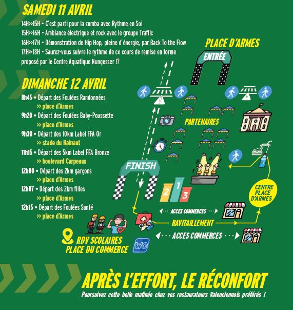 [🏃Les Foulées Valenciennoises 🏃] Le Village des Foulées Valenciennoises vous accueille !

📅 Samedi 11 avril, de 14h à 18h
📅 Dimanche 12 avril, de 8h à 13h

Avant le top départ des épreuves, venez vibrer au cœur du Village des Foulées Valenciennoises, installé place d’Armes ! 🏃‍♂️✨

𝐀𝐮 𝐩𝐫𝐨𝐠𝐫𝐚𝐦𝐦𝐞 :
🎪 Stands partenaires et exposants
🎯 Jeux et quizz
📸 Stand photo
🎨 Maquillage

𝑻𝒐𝒖𝒕 𝒆𝒔𝒕 𝒓𝒆́𝒖𝒏𝒊 𝒑𝒐𝒖𝒓 𝒗𝒐𝒖𝒔 𝒇𝒂𝒊𝒓𝒆 𝒗𝒊𝒗𝒓𝒆 𝒖𝒏 𝒎𝒐𝒎𝒆𝒏𝒕 𝒄𝒐𝒏𝒗𝒊𝒗𝒊𝒂𝒍, 𝒇𝒆𝒔𝒕𝒊𝒇 𝒆𝒕 𝒂𝒏𝒊𝒎𝒆́ 𝒆𝒏 𝒇𝒂𝒎𝒊𝒍𝒍𝒆 𝒐𝒖 𝒆𝒏𝒕𝒓𝒆 𝒂𝒎𝒊𝒔 !

🔥 Et pour faire monter l’ambiance, ne manquez pas les grands temps forts qui rythmeront cette 38ème édition 
👉 𝐝𝐞́𝐜𝐨𝐮𝐯𝐫𝐞𝐳 𝐥𝐞 𝐩𝐫𝐨𝐠𝐫𝐚𝐦𝐦𝐞 𝐝𝐞𝐬 𝐚𝐧𝐢𝐦𝐚𝐭𝐢𝐨𝐧𝐬 𝐣𝐮𝐬𝐭𝐞 𝐢𝐜𝐢 👇

𝑶𝒏 𝒗𝒐𝒖𝒔 𝒂𝒕𝒕𝒆𝒏𝒅 𝒏𝒐𝒎𝒃𝒓𝒆𝒖𝒙 !