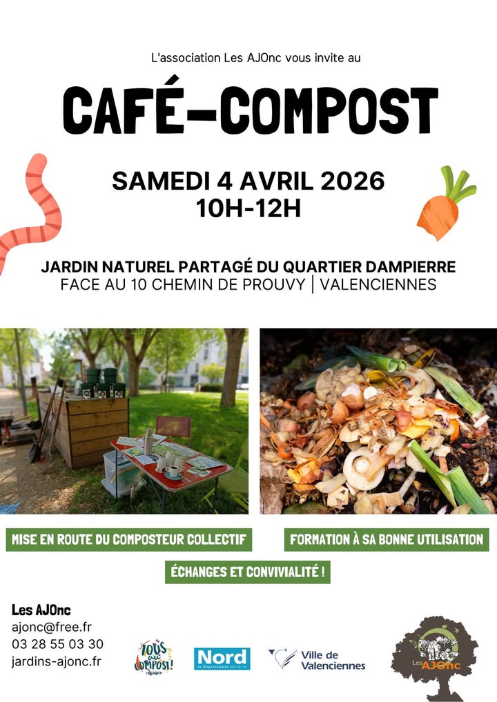 [RDV] 🌱 𝐄𝐧𝐯𝐢𝐞 𝐝𝐞 𝐝𝐞́𝐜𝐨𝐮𝐯𝐫𝐢𝐫 𝐥𝐞𝐬 𝐣𝐚𝐫𝐝𝐢𝐧𝐬 𝐩𝐚𝐫𝐭𝐚𝐠𝐞́𝐬 𝐝𝐞 𝐕𝐚𝐥𝐞𝐧𝐜𝐢𝐞𝐧𝐧𝐞𝐬 ? 𝐑𝐞𝐣𝐨𝐢𝐠𝐧𝐞𝐳-𝐧𝐨𝐮𝐬 𝐜𝐞 𝐬𝐚𝐦𝐞𝐝𝐢 𝟒 𝐚𝐯𝐫𝐢𝐥 ! 🌿

𝐃𝐞𝐮𝐱 𝐫𝐞𝐧𝐝𝐞𝐳-𝐯𝐨𝐮𝐬 conviviaux vous attendent autour du compost et du jardinage naturel :

☕ 𝐂𝐚𝐟𝐞́ 𝐜𝐨𝐦𝐩𝐨𝐬𝐭
🕙 De 10h à 12h
📍 Jardin naturel partagé du quartier Dampierre, 𝑓𝑎𝑐𝑒 𝑎𝑢 10 𝑐ℎ𝑒𝑚𝑖𝑛 𝑑𝑒 𝑃𝑟𝑜𝑢𝑣𝑦
👉 𝐀𝐮 𝐩𝐫𝐨𝐠𝐫𝐚𝐦𝐦𝐞 : mise en route du composteur collectif, formation à son utilisation, échanges et convivialité

🕜 De 13h30 à 16h30
📍 Jardin naturel partagé de Gertrude, 11 𝑡𝑒𝑟 𝑟𝑢𝑒 𝑑𝑒 𝑙&rsquo;𝐴̂𝑡𝑟𝑒 𝑑𝑒 𝐺𝑒𝑟𝑡𝑟𝑢𝑑𝑒
👉  𝐀𝐮 𝐩𝐫𝐨𝐠𝐫𝐚𝐦𝐦𝐞 :  sensibilisation au compostage, échanges et moment convivial

Ces animations s’inscrivent dans le cadre du partenariat avec l’association « AJOnc », qui accompagne la Ville dans la gestion et l’animation de ces deux jardins partagés.

👨‍🌾👩‍🌾 𝑽𝒆𝒏𝒆𝒛 𝒂𝒑𝒑𝒓𝒆𝒏𝒅𝒓𝒆, 𝒑𝒂𝒓𝒕𝒂𝒈𝒆𝒓 𝒆𝒕 𝒑𝒂𝒔𝒔𝒆𝒓 𝒖𝒏 𝒃𝒐𝒏 𝒎𝒐𝒎𝒆𝒏𝒕 𝒂𝒖 𝒗𝒆𝒓𝒕 !