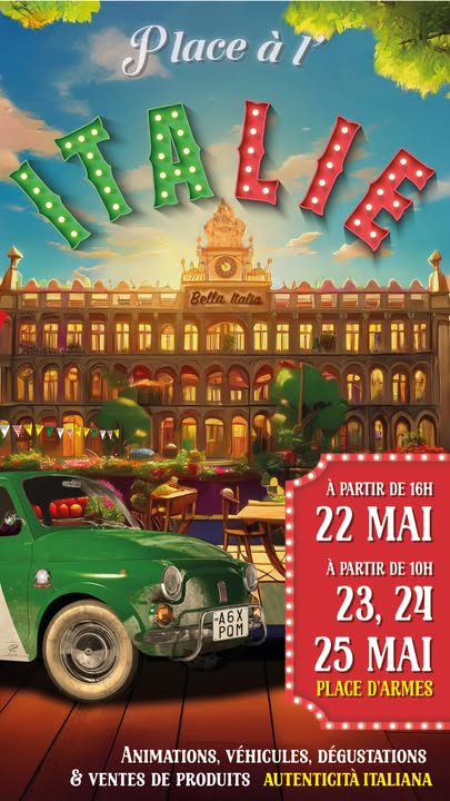 🇮🇹 𝐉-𝟒 – 𝗟’𝗜𝘁𝗮𝗹𝗶𝗲 𝗮𝗿𝗿𝗶𝘃𝗲 𝗮̀ 𝗩𝗮𝗹𝗲𝗻𝗰𝗶𝗲𝗻𝗻𝗲𝘀 ! 🍕🎶
Plus que quelques jours avant “𝗣𝗹𝗮𝗰𝗲 𝗮̀ 𝗹’𝗜𝘁𝗮𝗹𝗶𝗲” 🇮🇹✨

📍 𝐑𝐞𝐧𝐝𝐞𝐳-𝐯𝐨𝐮𝐬 𝐝𝐮 𝟐𝟐 𝐚𝐮 𝟐𝟓 𝐦𝐚𝐢 sur la place d’Armes pour un week-end festif aux couleurs italiennes !

𝐀𝐮 𝐩𝐫𝐨𝐠𝐫𝐚𝐦𝐦𝐞 👇
🍕 Pizzas cuites sur place
🍝 Pasta, arancini et spécialités italiennes
🚗 Voitures mythiques : Fiat 500, Ferrari, Lamborghini…
🎶 Musique, danse
💃 Spectacle cabaret le samedi soir

🔹 𝐄́𝐯𝐞́𝐧𝐞𝐦𝐞𝐧𝐭 𝐅𝐚𝐜𝐞𝐛𝐨𝐨𝐤 : https://fb.me/e/gvdrlAyCB
🔹 𝐏𝐫𝐨𝐠𝐫𝐚𝐦𝐦𝐞 𝐜𝐨𝐦𝐩𝐥𝐞𝐭 : https://www.valenciennes.fr/agenda/place-a-litalie/