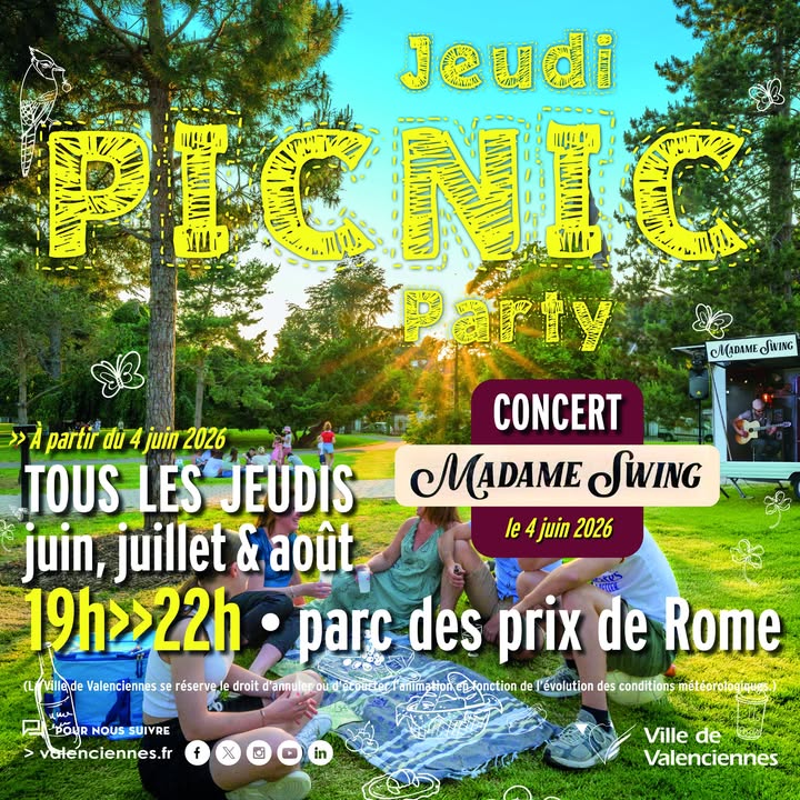 🌳 ☀️ 𝐕𝐨𝐭𝐫𝐞 𝐫𝐞𝐧𝐝𝐞𝐳-𝐯𝐨𝐮𝐬 𝐩𝐫𝐞́𝐟𝐞́𝐫𝐞́ 𝐝𝐮 𝐣𝐞𝐮𝐝𝐢 𝐞𝐬𝐭 𝐝𝐞 𝐫𝐞𝐭𝐨𝐮𝐫 ! 🎉

𝐃𝐞̀𝐬 𝐥𝐞 𝟒 𝐣𝐮𝐢𝐧, retrouvez le « 𝐣𝐞𝐮𝐝𝐢 𝐏𝐈𝐂𝐍𝐈𝐂 𝐏𝐚𝐫𝐭𝐲 » au Parc des Prix de Rome 🎉

Chaque jeudi à partir de 19h, venez profiter d’un moment convivial en famille, entre amis, en couple ou même en solo ✨

👉 Apportez votre nappe, votre panier et votre bonne humeur pour partager une belle soirée !

📍 Parc des Prix de Rome
📅 Tous les jeudis dès le 4 juin
🕖 À partir de 19h

🎤 𝙋𝙤𝙪𝙧 𝙘𝙚 1𝙚𝙧 𝙧𝙚𝙣𝙙𝙚𝙯-𝙫𝙤𝙪𝙨 : 𝙪𝙣𝙚 𝙥𝙚𝙩𝙞𝙩𝙚 𝙨𝙪𝙧𝙥𝙧𝙞𝙨𝙚 𝙢𝙪𝙨𝙞𝙘𝙖𝙡𝙚 😉

ℹ + 𝐝&rsquo;𝐢𝐧𝐟𝐨𝐬 𝐞𝐭 𝐝𝐞́𝐜𝐨𝐮𝐯𝐞𝐫𝐭𝐞 𝐝𝐞 𝐥𝐚 𝐬𝐮𝐫𝐩𝐫𝐢𝐬𝐞 👉 https://fb.me/e/48Lbx2DAu

𝑶𝒏 𝒗𝒐𝒖𝒔 𝒂𝒕𝒕𝒆𝒏𝒅 𝒏𝒐𝒎𝒃𝒓𝒆𝒖𝒙 💛