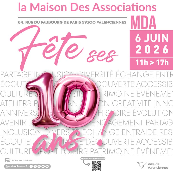 [🎂 10 ans 🎂 ] 𝐔𝐧 𝐠𝐨𝐮̂𝐭𝐞𝐫 𝐝’𝐚𝐧𝐧𝐢𝐯𝐞𝐫𝐬𝐚𝐢𝐫𝐞, 𝐜̧𝐚 𝐧𝐞 𝐬𝐞 𝐫𝐞𝐟𝐮𝐬𝐞 𝐩𝐚𝐬 !

Les associations de Valenciennes vous attendent nombreux pour célébrer les 10 ans de la Maison des associations Valenciennes 🎉

Et qui sait… cette rencontre avec les associations vous donnera peut-être envie de découvrir une nouvelle passion, de rejoindre un club ou même de vous lancer dans une activité qui vous ressemble 🎬🎨🎭⚽

🗓 𝐑𝐞𝐧𝐝𝐞𝐳-𝐯𝐨𝐮𝐬 :
𝐒𝐚𝐦𝐞𝐝𝐢 𝟔 𝐣𝐮𝐢𝐧, 𝐝𝐞 𝟏𝟏𝐡 𝐚̀ 𝟏𝟕𝐡 𝐚̀ 𝐥𝐚 Maison des associations Valenciennes, 84 𝒓𝒖𝒆 𝒅𝒖 𝑭𝒂𝒖𝒃𝒐𝒖𝒓𝒈 𝒅𝒆 𝑷𝒂𝒓𝒊𝒔