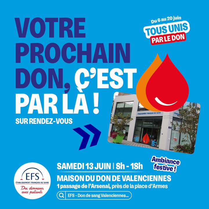 🩸 𝐕𝐨𝐭𝐫𝐞 𝐩𝐫𝐨𝐜𝐡𝐚𝐢𝐧 𝐝𝐨𝐧, 𝐜’𝐞𝐬𝐭 𝐩𝐚𝐫 𝐥𝐚̀ ❤️

L’🩸 Établissement Français du Sang organise une journée de don du sang à Valenciennes :

📅 𝐒𝐚𝐦𝐞𝐝𝐢 𝟏𝟑 𝐣𝐮𝐢𝐧
🕗 𝐃𝐞 𝟖𝐡 𝐚̀ 𝟏𝟖𝐡
📍 𝐌𝐚𝐢𝐬𝐨𝐧 𝐝𝐮 𝐃𝐨𝐧 𝐝𝐞 𝐕𝐚𝐥𝐞𝐧𝐜𝐢𝐞𝐧𝐧𝐞𝐬, 1 𝑝𝑎𝑠𝑠𝑎𝑔𝑒 𝑑𝑒 𝑙’𝐴𝑟𝑠𝑒𝑛𝑎𝑙, 𝑝𝑟𝑒̀𝑠 𝑑𝑒 𝑙𝑎 𝑝𝑙𝑎𝑐𝑒 𝑑’𝐴𝑟𝑚𝑒𝑠

𝑪𝒉𝒂𝒒𝒖𝒆 𝒅𝒐𝒏 𝒄𝒐𝒎𝒑𝒕𝒆 𝒆𝒕 𝒑𝒆𝒖𝒕 𝒔𝒂𝒖𝒗𝒆𝒓 𝒅𝒆𝒔 𝒗𝒊𝒆𝒔 

En quelques minutes, vous pouvez aider des patients. Alors si vous le pouvez, mobilisez-vous et partagez l’information autour de vous 💪

ℹ 𝐈𝐧𝐬𝐜𝐫𝐢𝐩𝐭𝐢𝐨𝐧 : https://dondesang.efs.sante.fr/trouver-une-collecte/6053/sang?ville=valenciennes