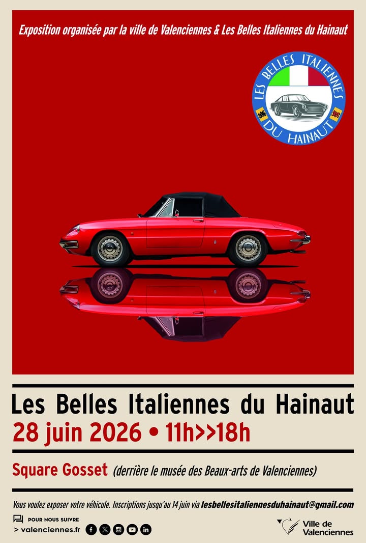 🚗🇮🇹 𝐋𝐞𝐬 𝐛𝐞𝐥𝐥𝐞𝐬 𝐢𝐭𝐚𝐥𝐢𝐞𝐧𝐧𝐞𝐬 𝐬’𝐞𝐱𝐩𝐨𝐬𝐞𝐧𝐭 𝐚̀ 𝐕𝐚𝐥𝐞𝐧𝐜𝐢𝐞𝐧𝐧𝐞𝐬 !

L’association “Les Belles Italiennes du Hainaut” vous donne rendez-vous 𝐥𝐞 𝐃𝐢𝐦𝐚𝐧𝐜𝐡𝐞 𝟐𝟖 𝐣𝐮𝐢𝐧, 𝐝𝐞 𝟏𝟏𝐡 𝐚̀ 𝟏𝟖𝐡, 𝐚𝐮 𝐒𝐪𝐮𝐚𝐫𝐞 𝐆𝐨𝐬𝐬𝐞𝐭, derrière le musée des Beaux-Arts de Valenciennes, pour une exposition dédiée aux véhicules italiens d’exception ✨

Passionnés d’automobile, curieux et amateurs de belles mécaniques pourront admirer de nombreux modèles emblématiques dans un cadre convivial et festif.

📍 𝐒𝐪𝐮𝐚𝐫𝐞 𝐆𝐨𝐬𝐬𝐞𝐭 – 𝐕𝐚𝐥𝐞𝐧𝐜𝐢𝐞𝐧𝐧𝐞𝐬
🗓 𝐃𝐢𝐦𝐚𝐧𝐜𝐡𝐞 𝟐𝟖 𝐣𝐮𝐢𝐧
⏰ 𝐃𝐞 𝟏𝟏𝐡 𝐚̀ 𝟏𝟖𝐡

Entrée libre.

#valenciennes #valenciennes_maville #expositionautomobile #voituresitaliennes #lesbellesitaliennesduhainaut