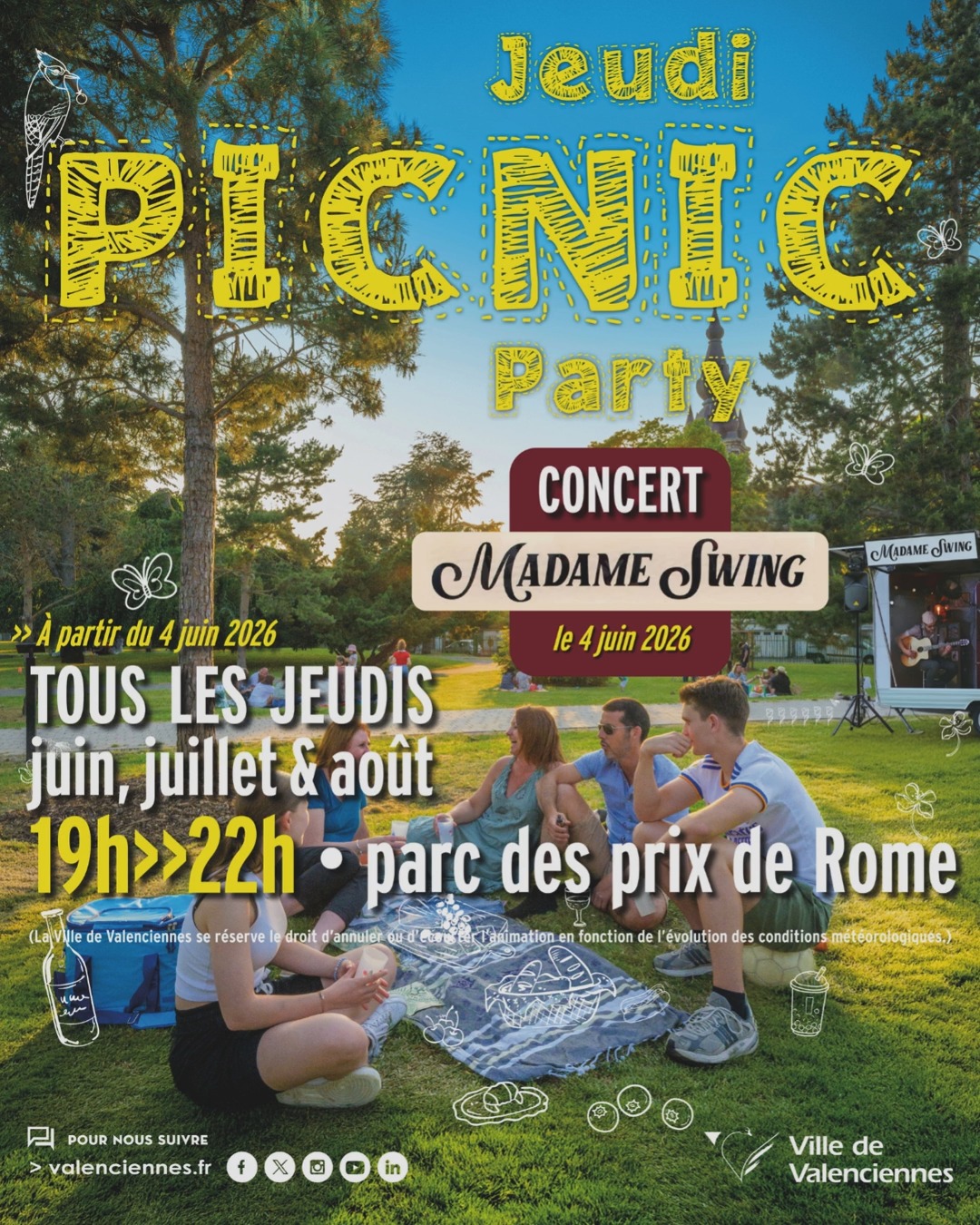 🍉 Picnic Party c&rsquo;est parti ! 
Tous les jeudis, on sort la nappe, on s’installe au soleil et on profite d’une soirée chill au Jardin Jacques Chirac.

🎶 Pour le premier rendez‑vous : @madame.swing met l’ambiance façon guinguette moderne.
Après… c’est VOUS qui prenez le relais pour faire vibrer les soirées !

🧺 Tu ramènes quoi dans ton panier ce jeudi ? 
👉 Une salade maison
👉 Un dessert signature
👉 Une boisson fraîche
👉 Ou juste ta bonne humeur

Dites‑nous en commentaire ce que vous apportez… et taguez vos partenaires de pique‑nique pour qu’ils ne se défilent pas 😄

🌤 Gratuit
🎵 Ambiance conviviale
🍽 Restauration sur place

(En cas de météo capricieuse, l’événement pourra être annulé ou écourté.)

#Valenciennes #PiqueNiqueParty #Guinguette #JeudiSoir #AmbianceChill #SortirÀValenciennes