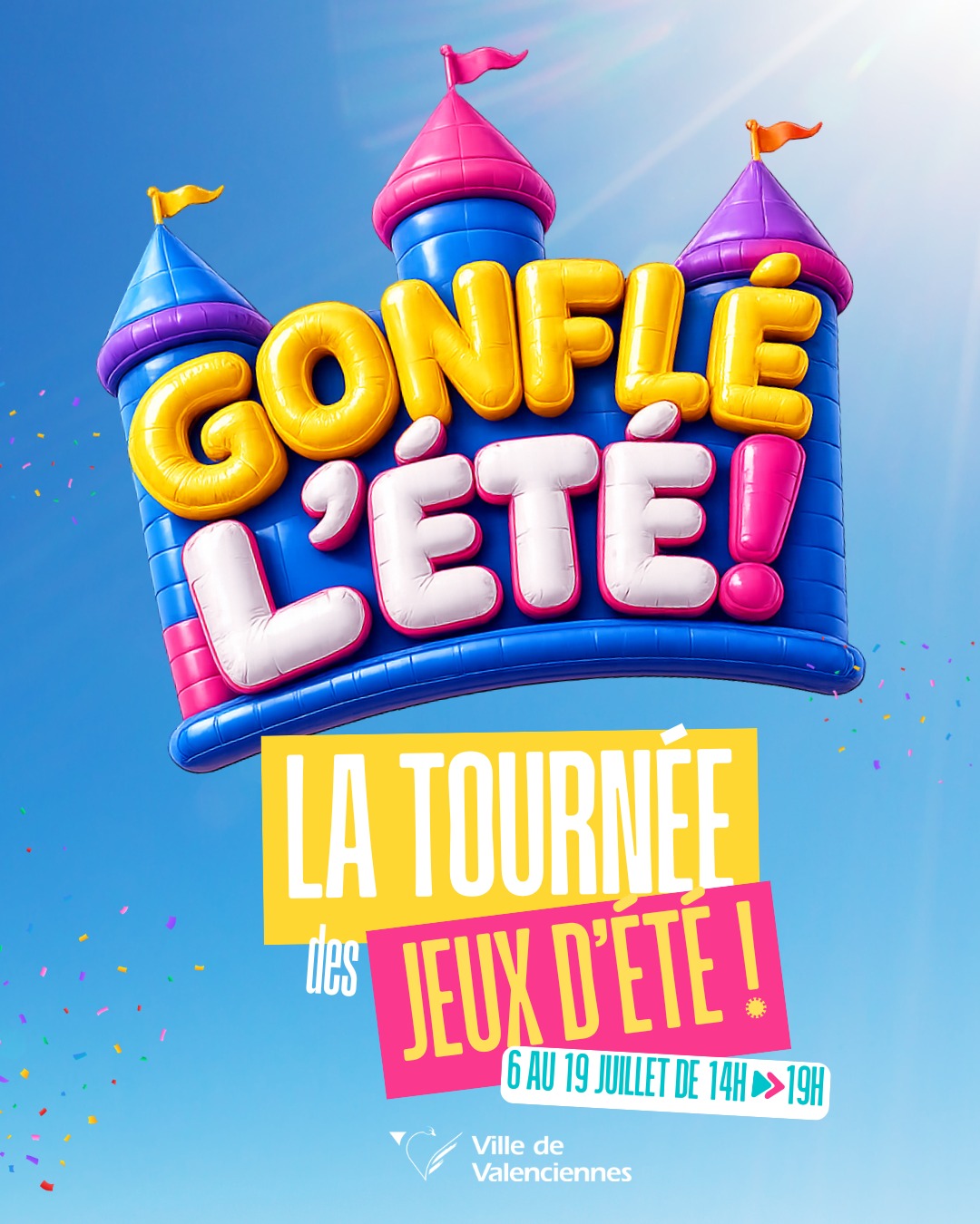 Des structures gonflables pour les enfants, gratuites et ouvertes tous les jours de 14h à 19h :

📍 6 → 10 juillet 
Faubourg de Lille & Dutemple

📍 11 → 15 juillet 
Faubourg de Paris & Chasse Royale

📍 16 → 19 juillet 
Saint-Waast & Faubourg de Cambrai

Un été qui rebondit à Valenciennes ! ☀️🎉

#Valenciennes #GonfléLEté #Animations #Familles #VA