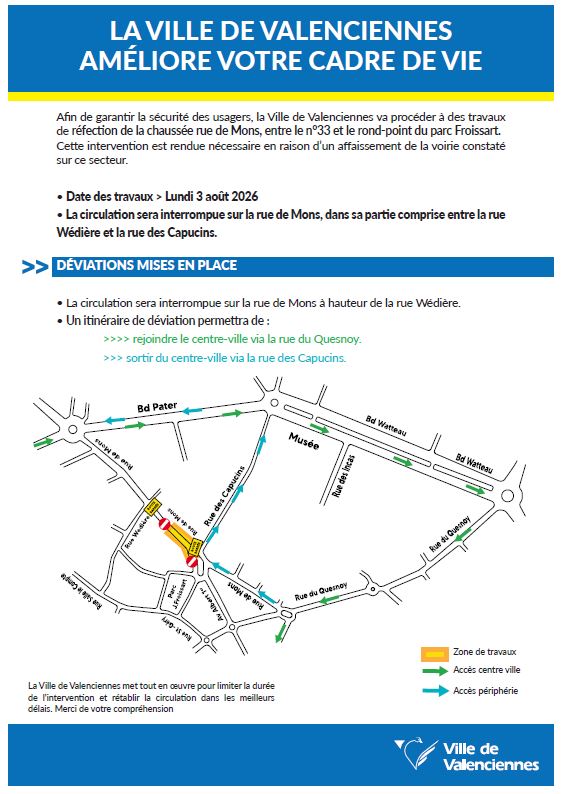 🚧 𝐈𝐧𝐟𝐨𝐫𝐦𝐚𝐭𝐢𝐨𝐧 𝐭𝐫𝐚𝐯𝐚𝐮𝐱 – 𝐑𝐮𝐞 𝐝𝐞 𝐌𝐨𝐧𝐬

La Ville de Valenciennes procédera à des travaux de réfection de la chaussée le 𝐥𝐮𝐧𝐝𝐢 𝟑 𝐚𝐨𝐮̂𝐭 𝟐𝟎𝟐𝟔, 𝐫𝐮𝐞 𝐝𝐞 𝐌𝐨𝐧𝐬, 𝑒𝑛𝑡𝑟𝑒 𝑙𝑒 𝑛°33 𝑒𝑡 𝑙𝑒 𝑟𝑜𝑛𝑑-𝑝𝑜𝑖𝑛𝑡 𝑑𝑢 𝑝𝑎𝑟𝑐 𝐹𝑟𝑜𝑖𝑠𝑠𝑎𝑟𝑡.

⚠️ La circulation sera interrompue entre la rue Wédière et la rue des Capucins. Des déviations seront mises en place pour rejoindre ou quitter le centre-ville. 👇
