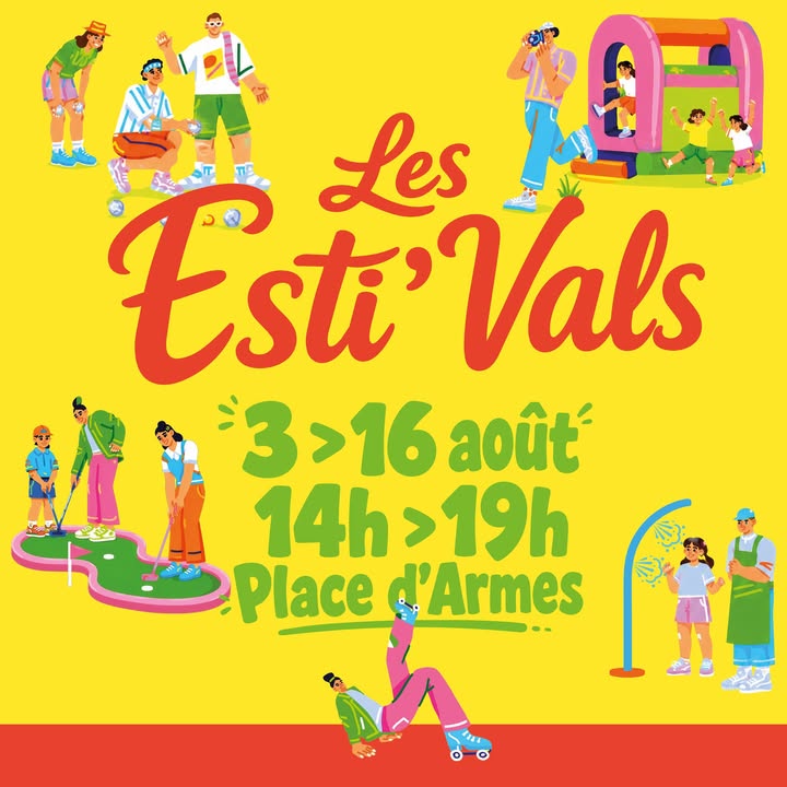 ☀️ 𝐋𝐞𝐬 𝐄𝐬𝐭𝐢&rsquo;𝐕𝐚𝐥𝐬 𝐬𝐨𝐧𝐭 𝐝𝐞 𝐫𝐞𝐭𝐨𝐮𝐫 ! 🏖️

𝗗𝘂 𝟯 𝗮𝘂 𝟭𝟲 𝗮𝗼𝘂̂𝘁, 𝗱𝗲 𝟭𝟰 𝗵 𝗮̀ 𝟭𝟵 𝗵, 𝗹𝗮 𝗽𝗹𝗮𝗰𝗲 𝗱&rsquo;𝗔𝗿𝗺𝗲𝘀 𝗽𝗿𝗲𝗻𝗱 𝗱𝗲𝘀 𝗮𝗶𝗿𝘀 𝗱𝗲 𝘃𝗮𝗰𝗮𝗻𝗰𝗲𝘀 !

𝐀𝐮 𝐩𝐫𝐨𝐠𝐫𝐚𝐦𝐦𝐞 :
🏖️ Transats
💦 Brumisateurs
⛳ Golf
🔵 Pétanque
🎈 Labyrinthe gonflable
🎈 Structures gonflables pour les enfants
🎨 Ateliers
🎲 Jeux
🎉 Animations

𝐃𝐞𝐮𝐱 𝐬𝐞𝐦𝐚𝐢𝐧𝐞𝐬 𝐝𝐞 𝐝𝐞́𝐭𝐞𝐧𝐭𝐞, 𝐝𝐞 𝐥𝐨𝐢𝐬𝐢𝐫𝐬 𝐚̀ 𝐩𝐚𝐫𝐭𝐚𝐠𝐞𝐫 𝐞𝐧 𝐟𝐚𝐦𝐢𝐥𝐥𝐞 𝐨𝐮 𝐞𝐧𝐭𝐫𝐞 𝐚𝐦𝐢𝐬.

📍 𝑹𝒆𝒏𝒅𝒆𝒛-𝒗𝒐𝒖𝒔 𝒑𝒍𝒂𝒄𝒆 𝒅&rsquo;𝑨𝒓𝒎𝒆𝒔 𝒅𝒖 3 𝒂𝒖 16 𝒂𝒐𝒖̂𝒕, 𝒅𝒆 14 𝒉 𝒂̀ 19 𝒉 ! 𝑶𝒏 𝒗𝒐𝒖𝒔 𝒂𝒕𝒕𝒆𝒏𝒅 𝒏𝒐𝒎𝒃𝒓𝒆𝒖𝒙 !

ℹ + 𝐝&rsquo;𝐢𝐧𝐟𝐨𝐬 :
𝐋𝐢𝐞𝐧 𝐝𝐞 𝐥&rsquo;𝐞́𝐯𝐞́𝐧𝐞𝐦𝐞𝐧𝐭 : https://fb.me/e/4N5hnz11w
𝐀𝐠𝐞𝐧𝐝𝐚 : https://www.valenciennes.fr/agenda/