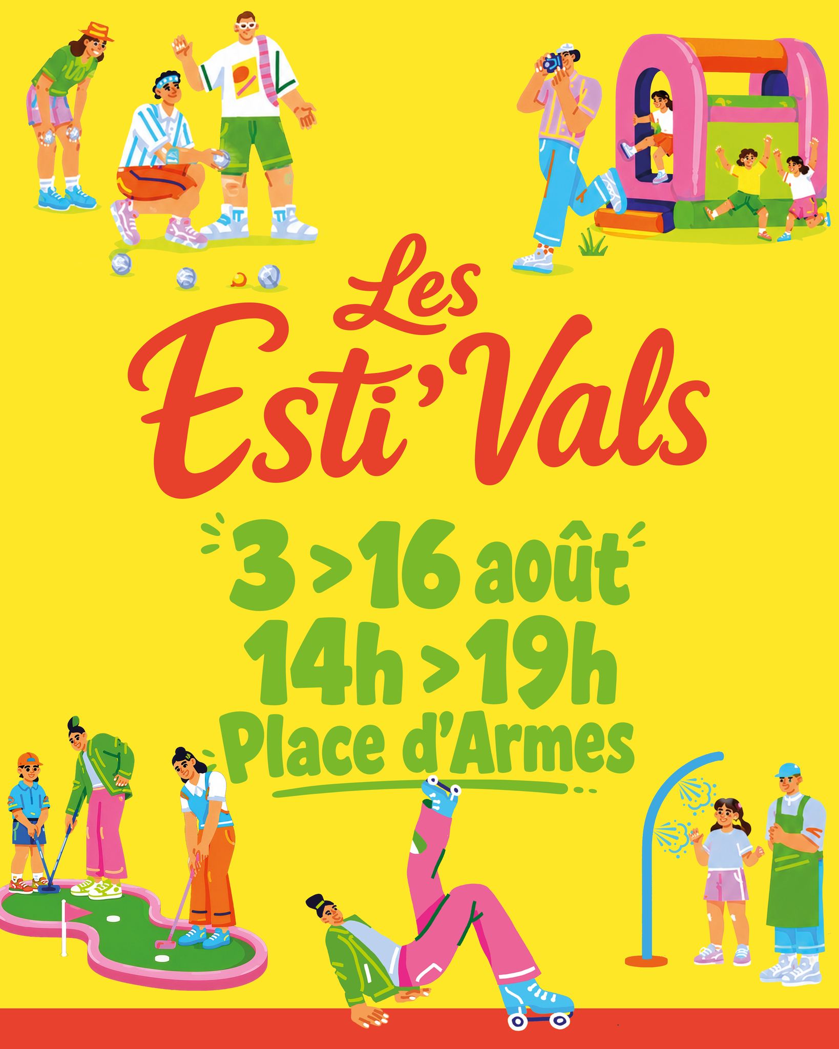 ☀️ 𝐋𝐞𝐬 𝐄𝐬𝐭𝐢&rsquo;𝐕𝐚𝐥𝐬 𝐫𝐞𝐯𝐢𝐞𝐧𝐧𝐞𝐧𝐭 ! 🏖️

📅 𝐃𝐮 𝟑 𝐚𝐮 𝟏𝟔 𝐚𝐨𝐮̂𝐭
🕑 𝟏𝟒 𝐡 – 𝟏𝟗 𝐡
📍 𝐏𝐥𝐚𝐜𝐞 𝐝&rsquo;𝐀𝐫𝐦𝐞𝐬

Transats, brumisateurs, golf, pétanque, labyrinthe gonflable, structures pour les enfants, ateliers, jeux et animations… 🌴🎈

𝐃𝐞𝐮𝐱 𝐬𝐞𝐦𝐚𝐢𝐧𝐞𝐬 𝐩𝐨𝐮𝐫 𝐩𝐫𝐨𝐟𝐢𝐭𝐞𝐫 𝐝𝐞 𝐥&rsquo;𝐞́𝐭𝐞́ 𝐞𝐧 𝐟𝐚𝐦𝐢𝐥𝐥𝐞 𝐨𝐮 𝐞𝐧𝐭𝐫𝐞 𝐚𝐦𝐢𝐬 ! 😎

#EstiVals #été  #animations  #famille  #vacances  #placedarmes  #loisirs  #sortir